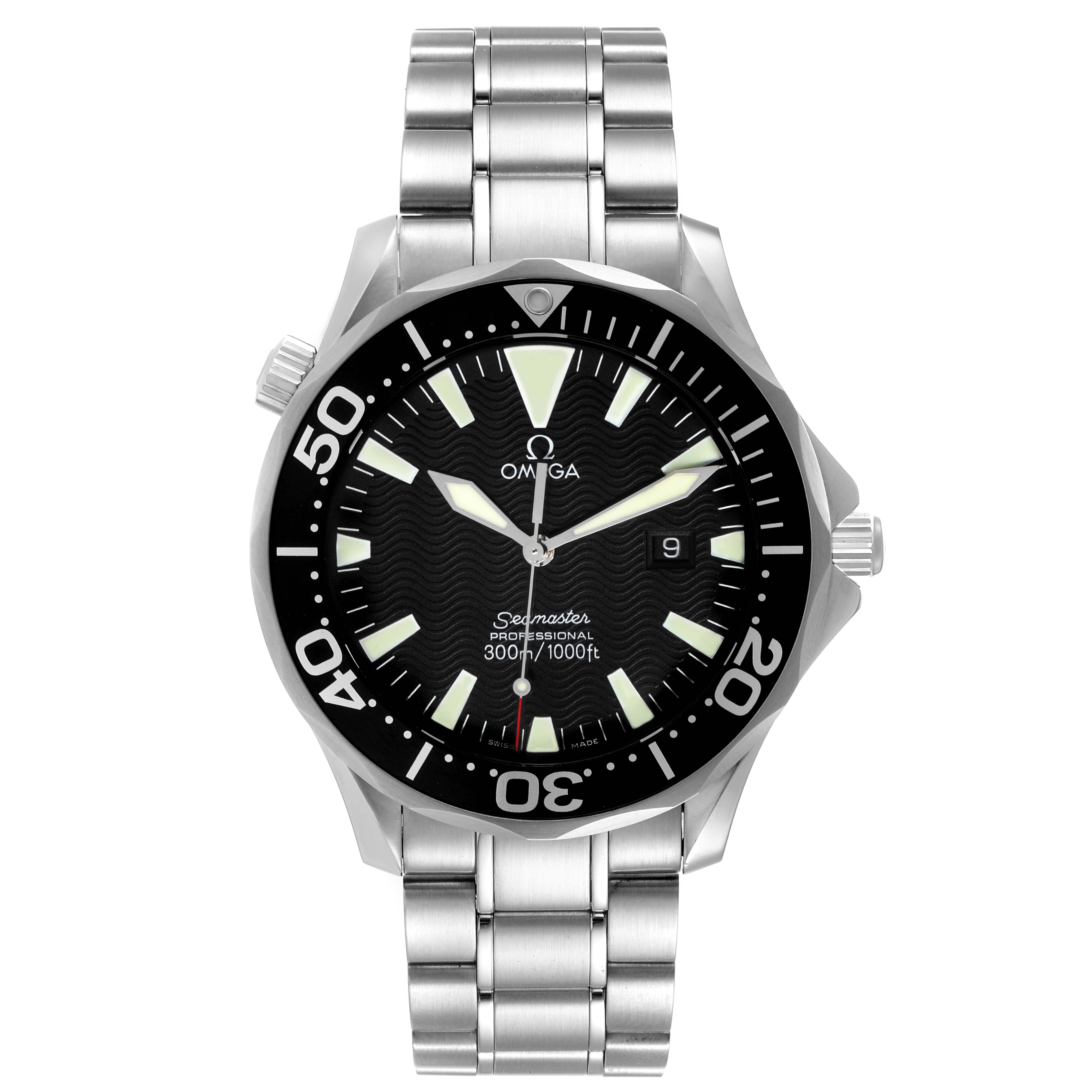 The image shows a front view of the Omega Seamaster 2264.50.00 Men's Stainless Steel Black Dial 2264.50.00 Men's Stainless Steel Black Dial watch, highlighting its dial, bezel, crown, and stainless steel bracelet.