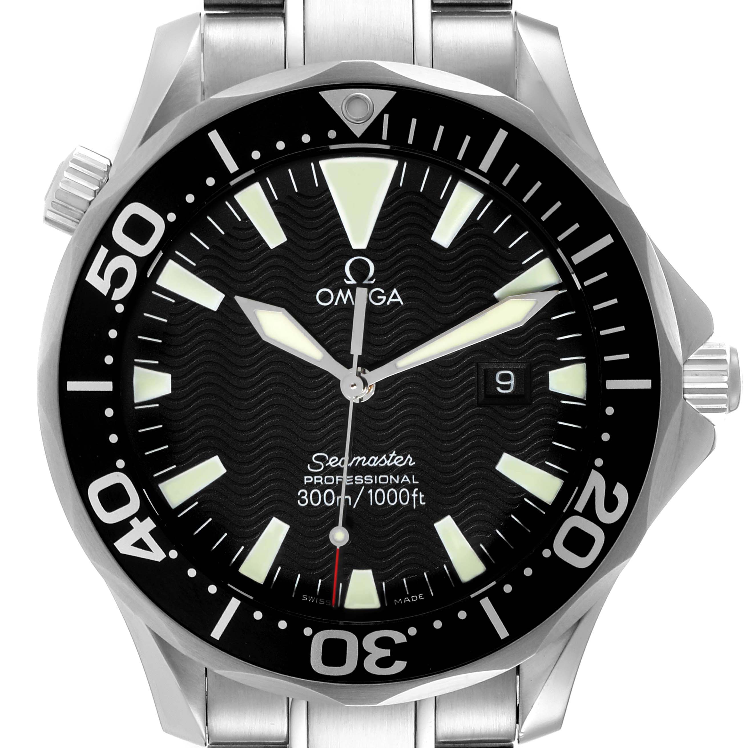 The image shows a front view of an Omega Seamaster 2264.50.00 Men's Stainless Steel Black Dial 2264.50.00 Men's Stainless Steel Black Dial watch, highlighting its dial, bezel, and stainless steel bracelet.