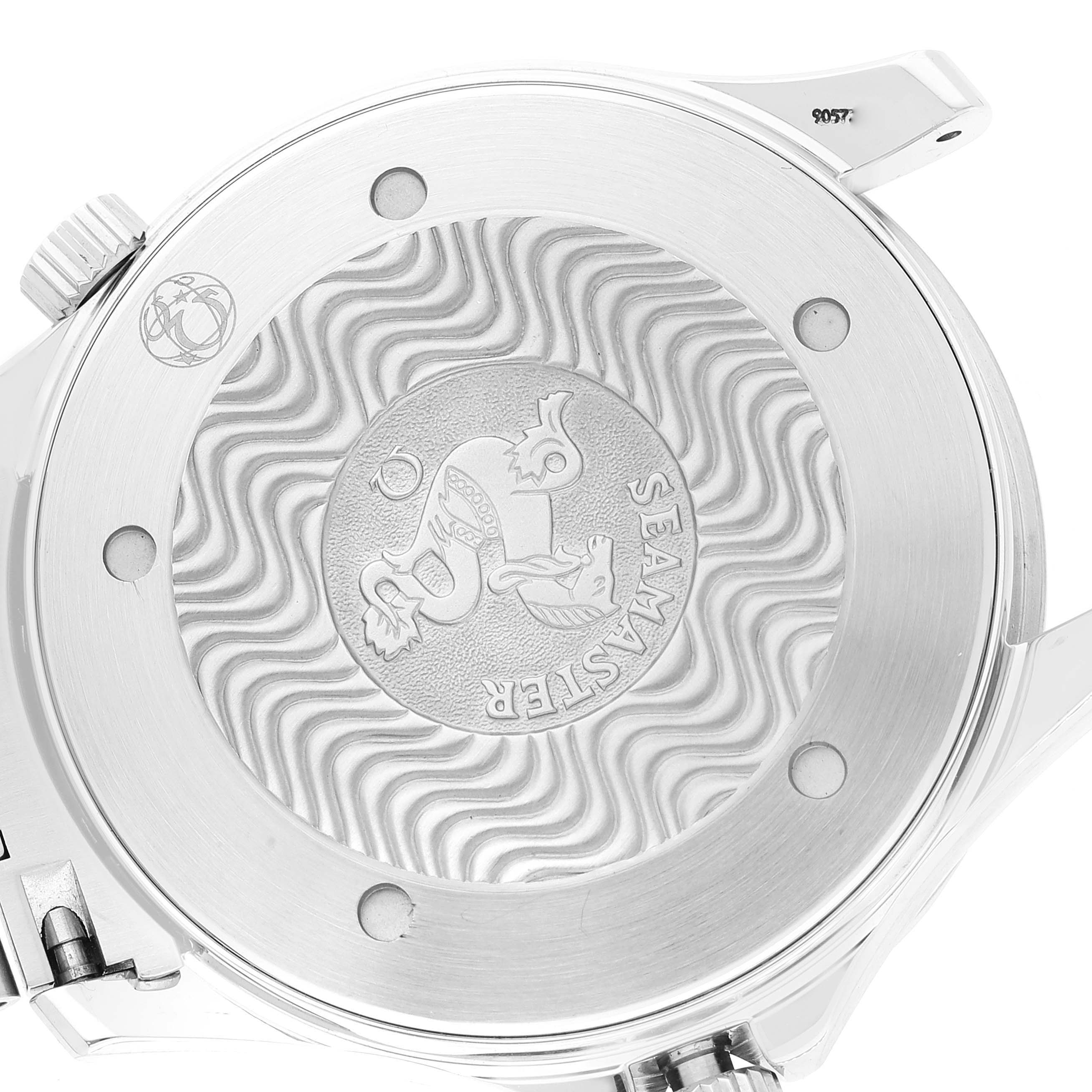 The image shows the case back of an Omega Seamaster 2264.50.00 Men's Stainless Steel Black Dial 2264.50.00 Men's Stainless Steel Black Dial watch, featuring its engraved logo and classic wave pattern.