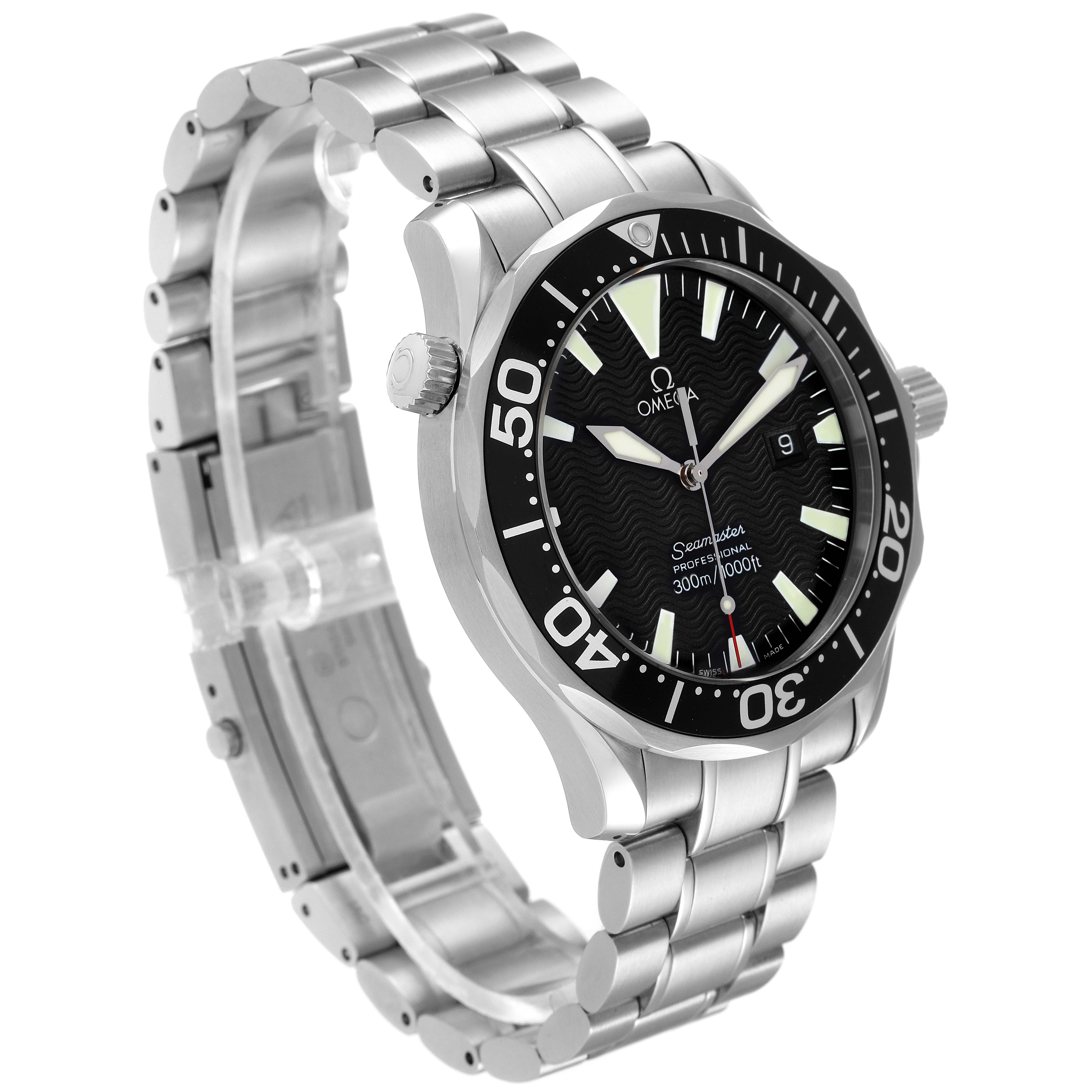 The image shows a side and front angle of the Omega Seamaster 2264.50.00 Men's Stainless Steel Black Dial 2264.50.00 Men's Stainless Steel Black Dial watch, highlighting its bezel, dial, and stainless steel bracelet.
