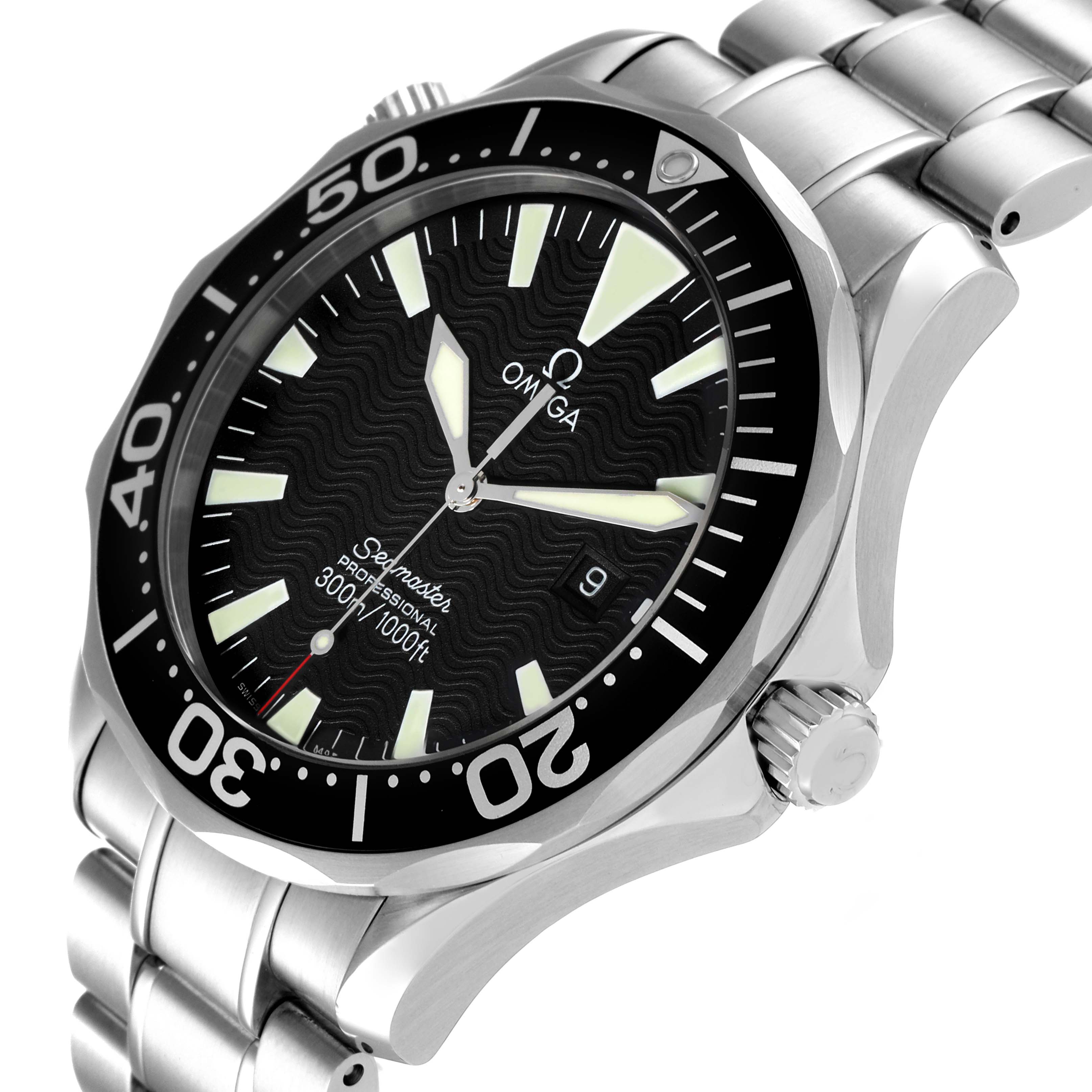This image shows an angled view of the Omega Seamaster 2264.50.00 Men's Stainless Steel Black Dial 2264.50.00 Men's Stainless Steel Black Dial watch, highlighting its face, bezel, crown, and stainless steel bracelet.