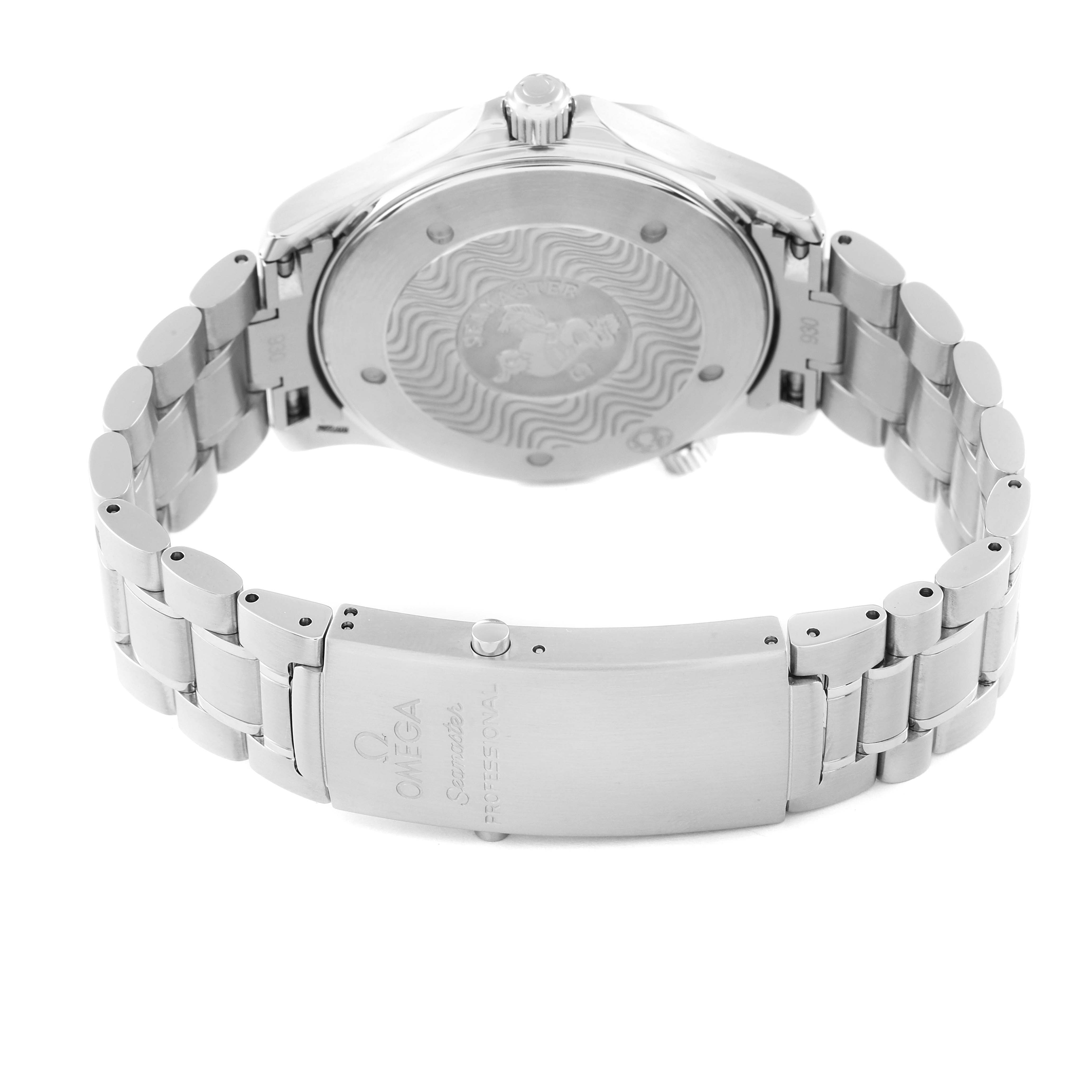 This image shows the back, clasp, and part of the bracelet of an Omega Seamaster 2264.50.00 Men's Stainless Steel Black Dial 2264.50.00 Men's Stainless Steel Black Dial watch, highlighting the engraved case back.