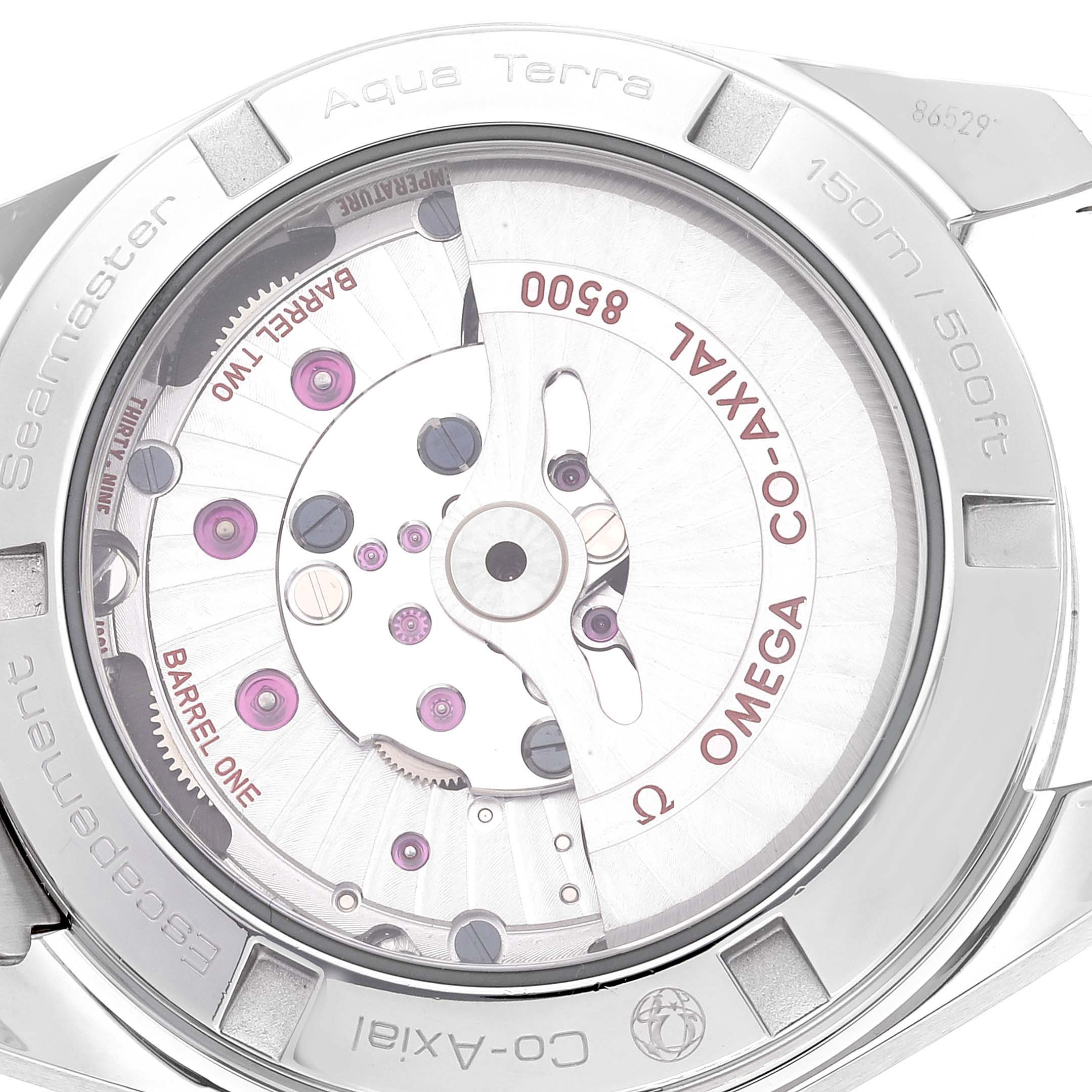 The image shows the back view of an Omega Aqua Terra 231.10.39.21.01.001 Men's Stainless Steel Black Dial 231.10.39.21.01.001 Men's Stainless Steel Black Dial watch, highlighting its Co-Axial escapement and internal mechanisms.