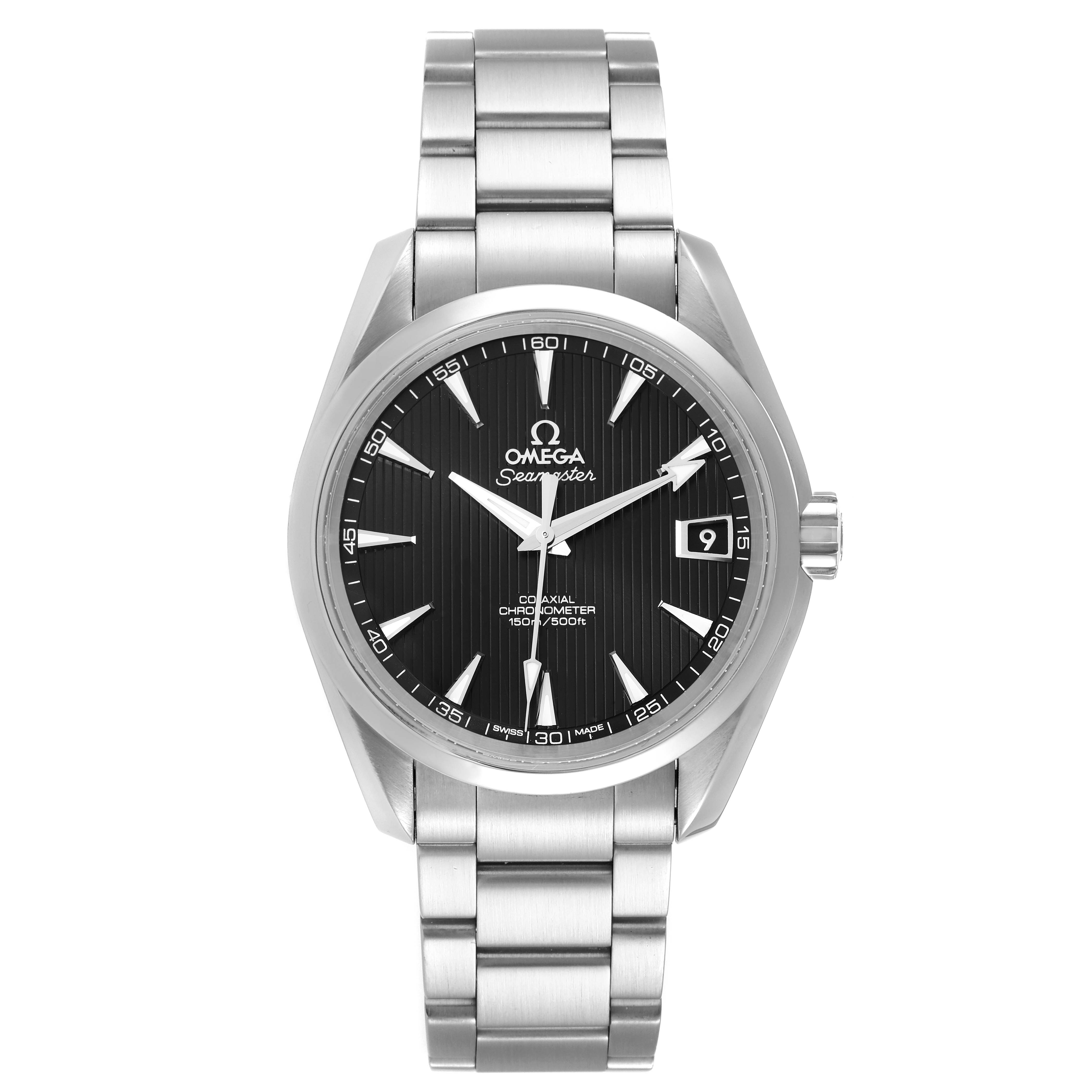 This image shows a frontal view of the Omega Aqua Terra 231.10.39.21.01.001 Men's Stainless Steel Black Dial 231.10.39.21.01.001 Men's Stainless Steel Black Dial watch, highlighting the dial, hands, bracelet, and date display.