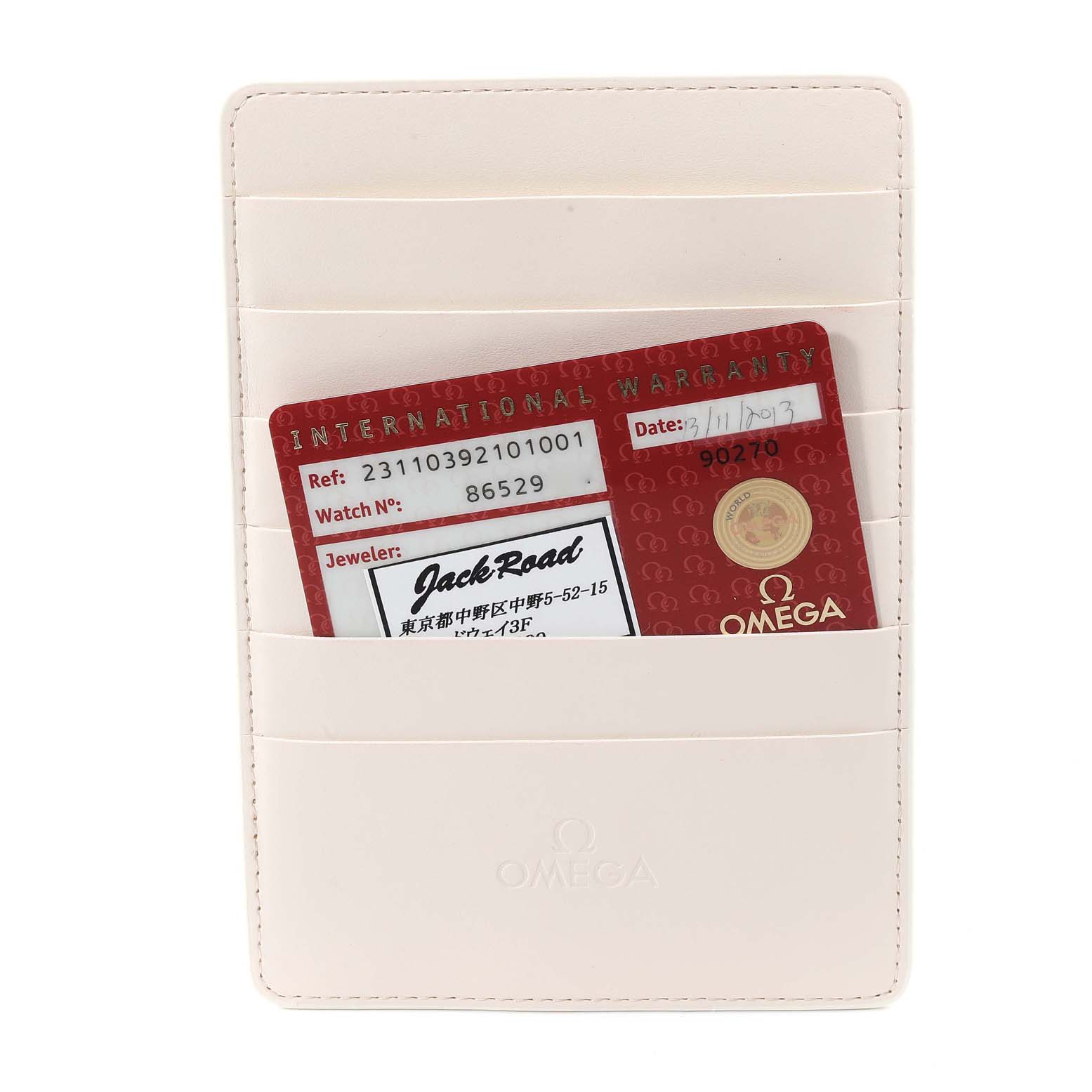 This image shows the warranty card and cardholder for the Omega Aqua Terra 231.10.39.21.01.001 Men's Stainless Steel Black Dial 231.10.39.21.01.001 Men's Stainless Steel Black Dial watch model.