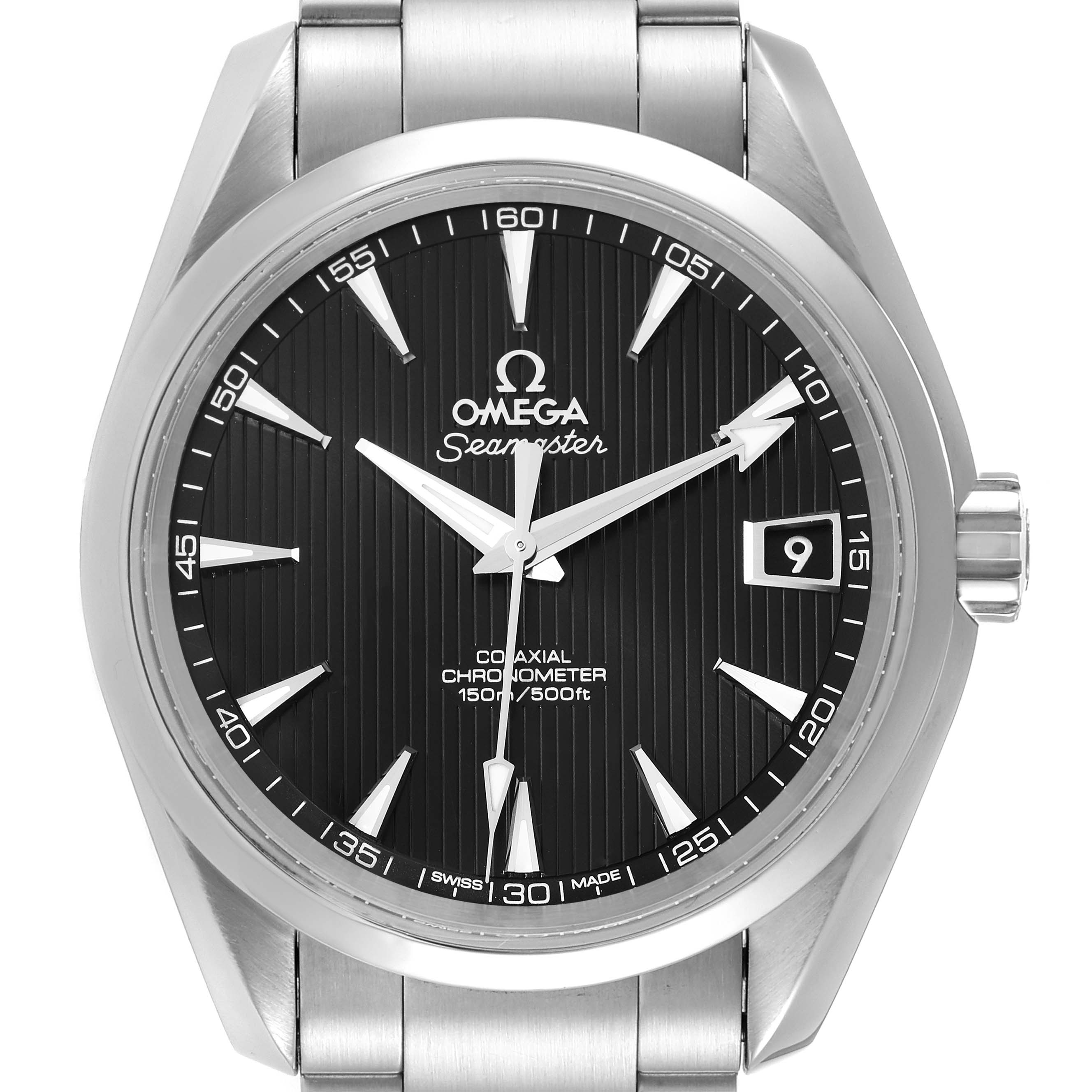 The image shows a front view of an Omega Aqua Terra 231.10.39.21.01.001 Men's Stainless Steel Black Dial 231.10.39.21.01.001 Men's Stainless Steel Black Dial Seamaster watch, displaying the dial and part of the stainless steel bracelet.