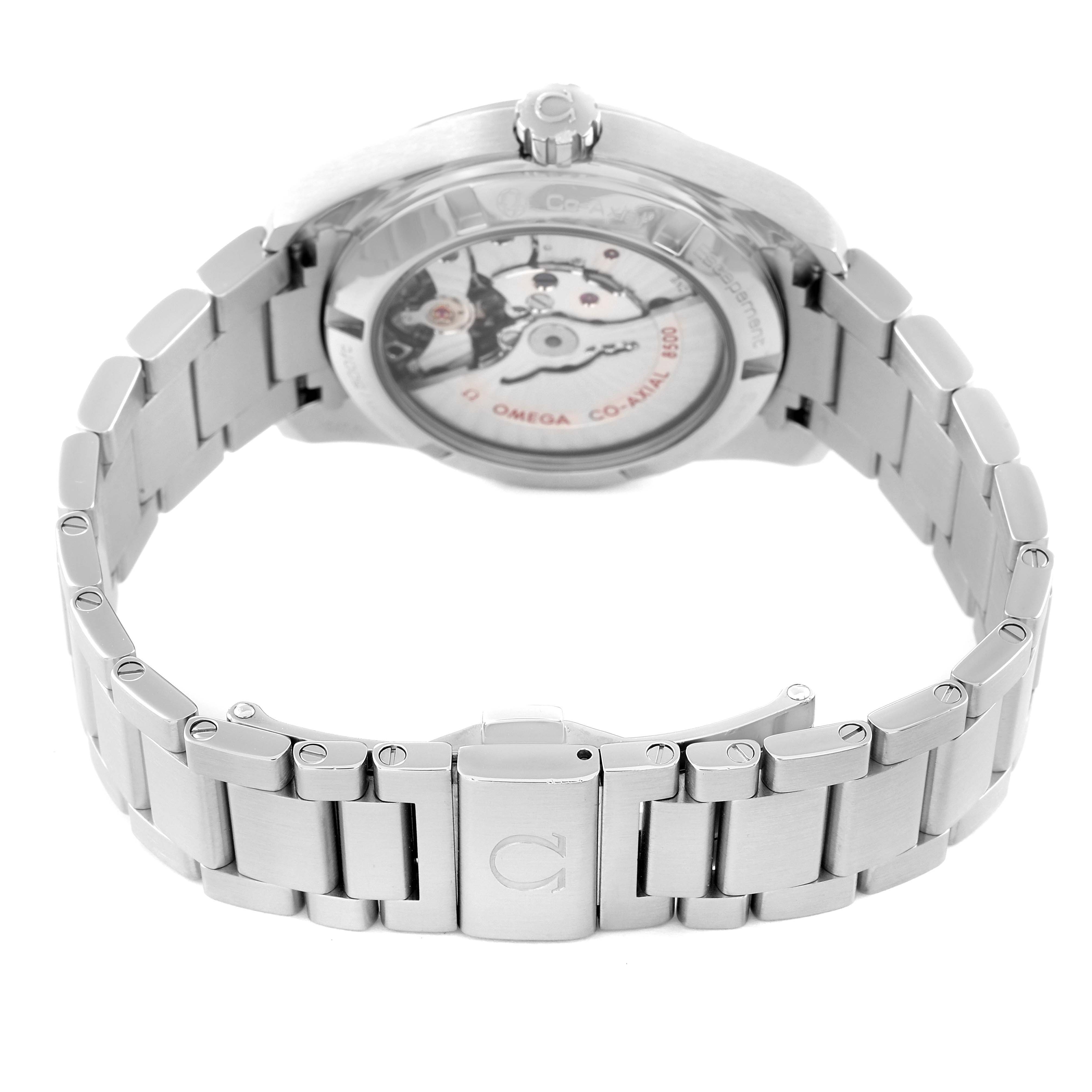 The image shows the back view of an Omega Aqua Terra 231.10.39.21.01.001 Men's Stainless Steel Black Dial 231.10.39.21.01.001 Men's Stainless Steel Black Dial watch, highlighting the exhibition case back and the bracelet with the Omega logo on the clasp.