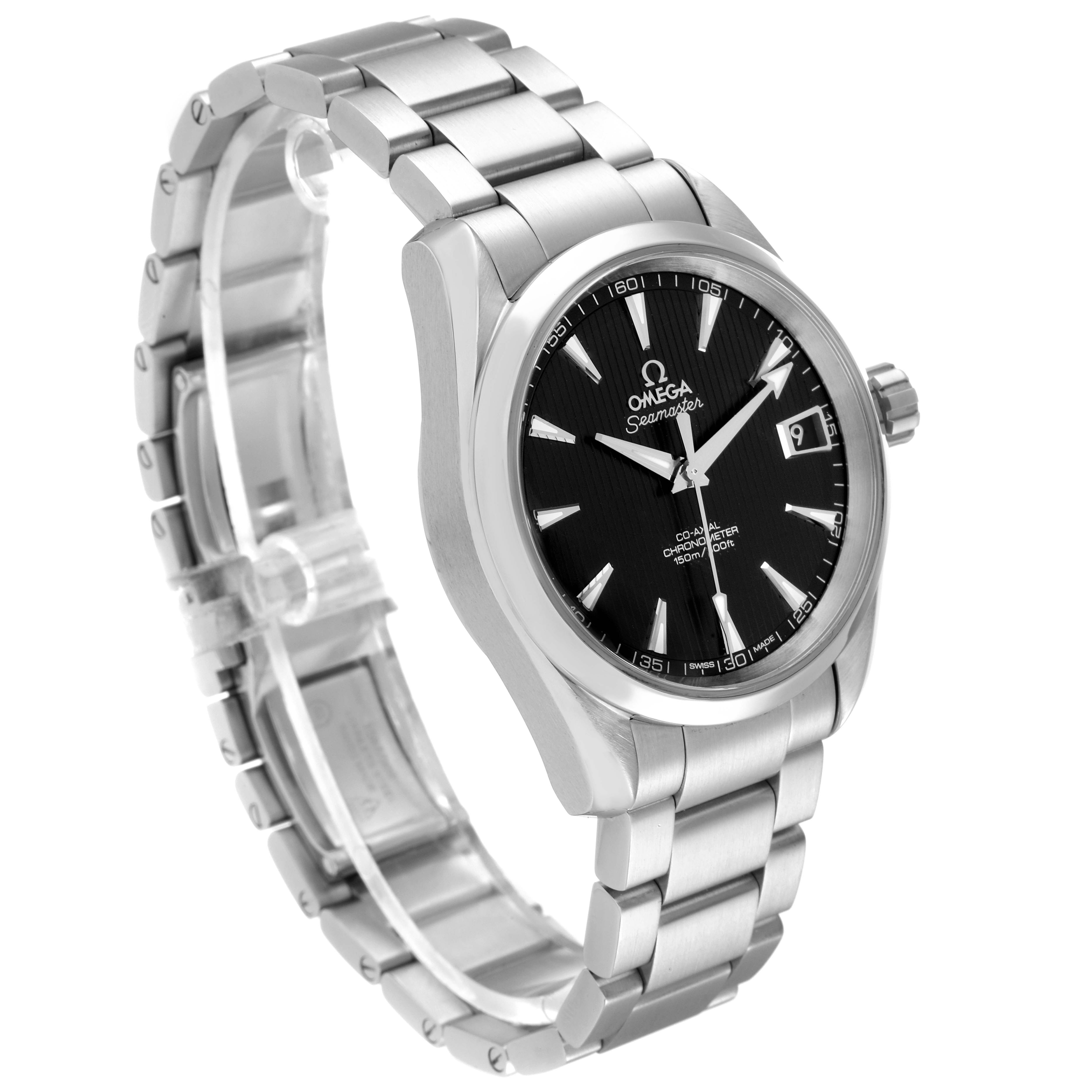 This Omega Aqua Terra 231.10.39.21.01.001 Men's Stainless Steel Black Dial 231.10.39.21.01.001 Men's Stainless Steel Black Dial watch is shown at a three-quarter angle, displaying the face, bezel, crown, and bracelet.