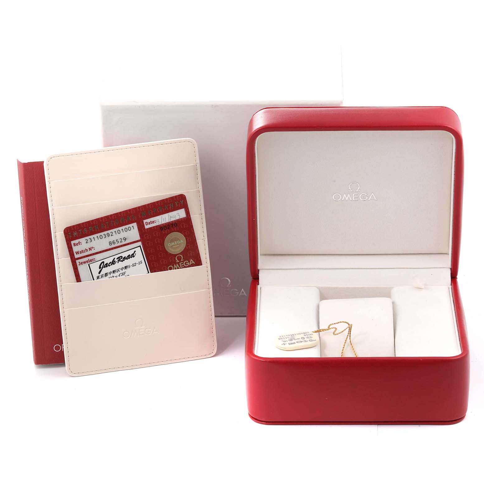 The image shows the box and authenticity card for an Omega Aqua Terra 231.10.39.21.01.001 Men's Stainless Steel Black Dial 231.10.39.21.01.001 Men's Stainless Steel Black Dial watch, along with a red watch case.