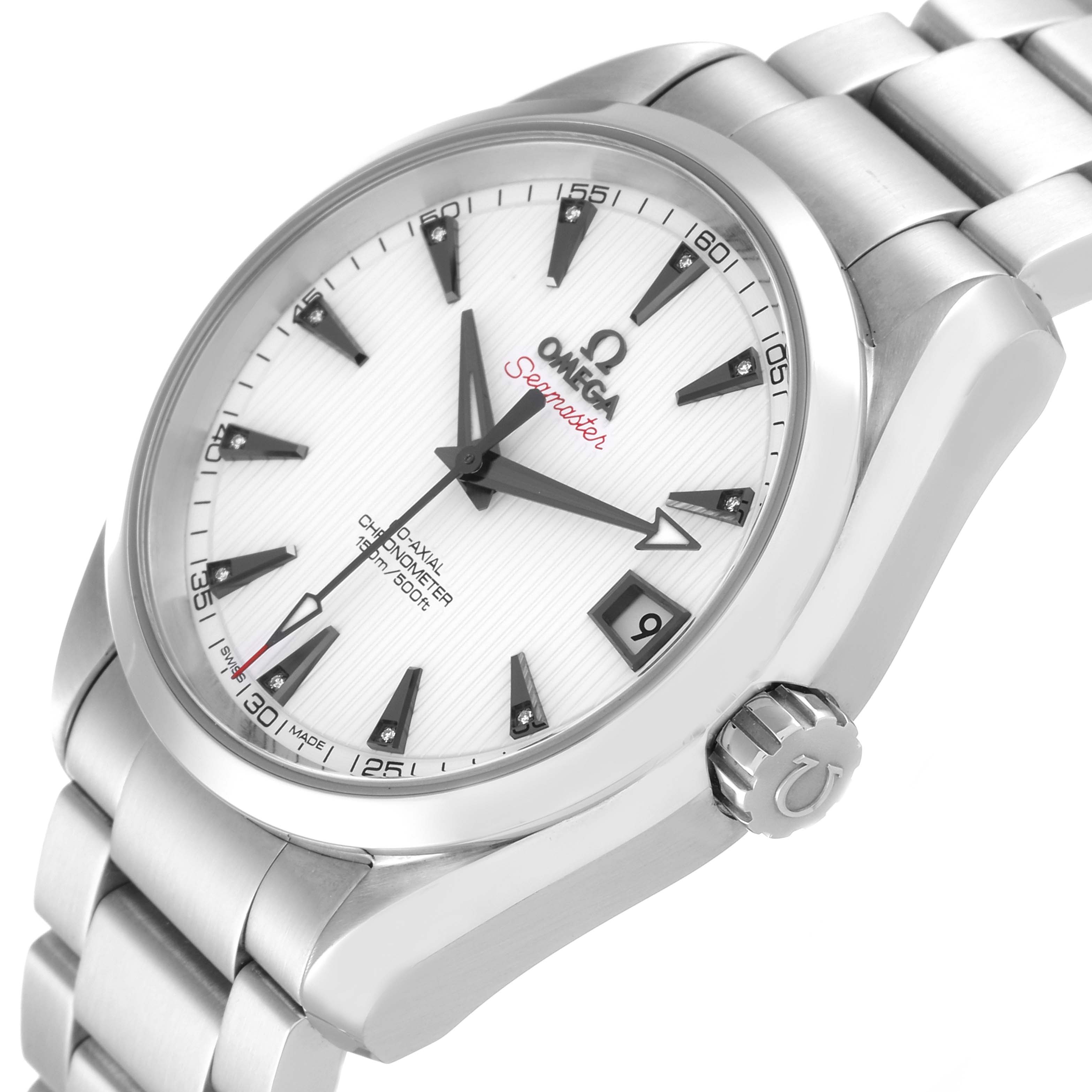 The image shows an Omega Seamaster Aqua Terra watch from an angled view, highlighting the dial, bracelet, and crown.