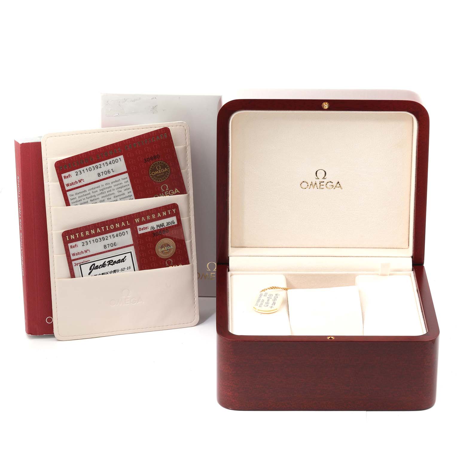 The image shows the packaging and warranty cards for an Omega Aqua Terra 231.10.39.21.54.001 Men's Stainless Steel White Dial 231.10.39.21.54.001 Men's Stainless Steel White Dial watch, including the watch box and holders.