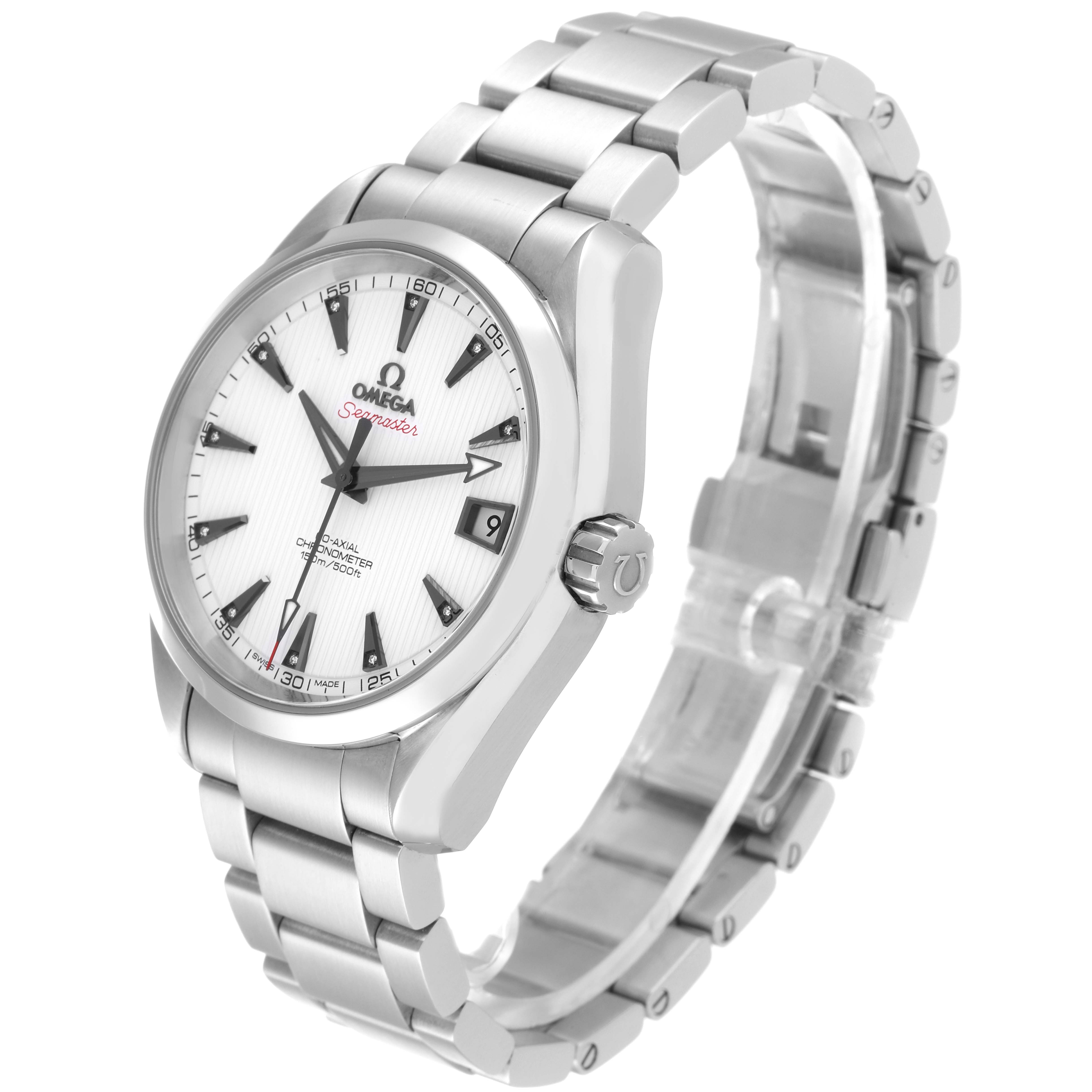 The image shows an Omega Aqua Terra 231.10.39.21.54.001 Men's Stainless Steel White Dial 231.10.39.21.54.001 Men's Stainless Steel White Dial watch at a three-quarter angle, highlighting its face, bezel, crown, and bracelet.