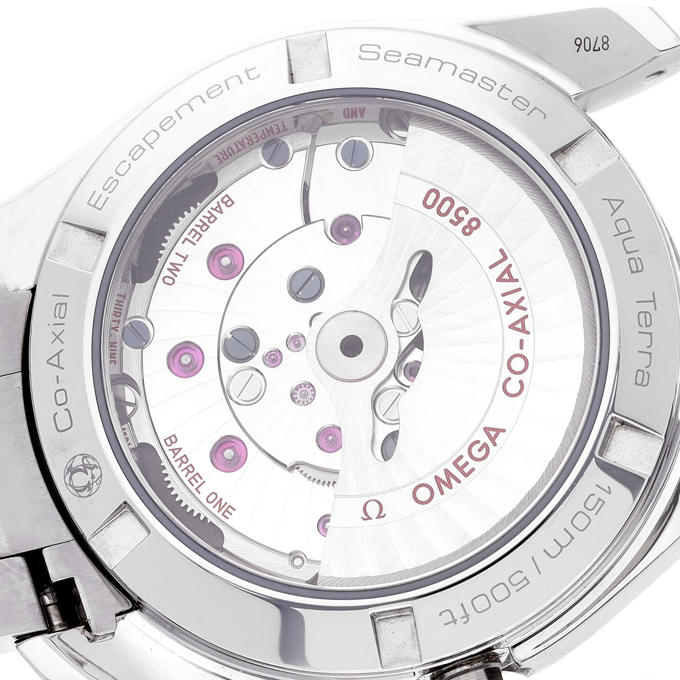 This image shows the back view of the Omega Aqua Terra 231.10.39.21.54.001 Men's Stainless Steel White Dial 231.10.39.21.54.001 Men's Stainless Steel White Dial watch, highlighting its visible Co-Axial escapement and movement mechanism.