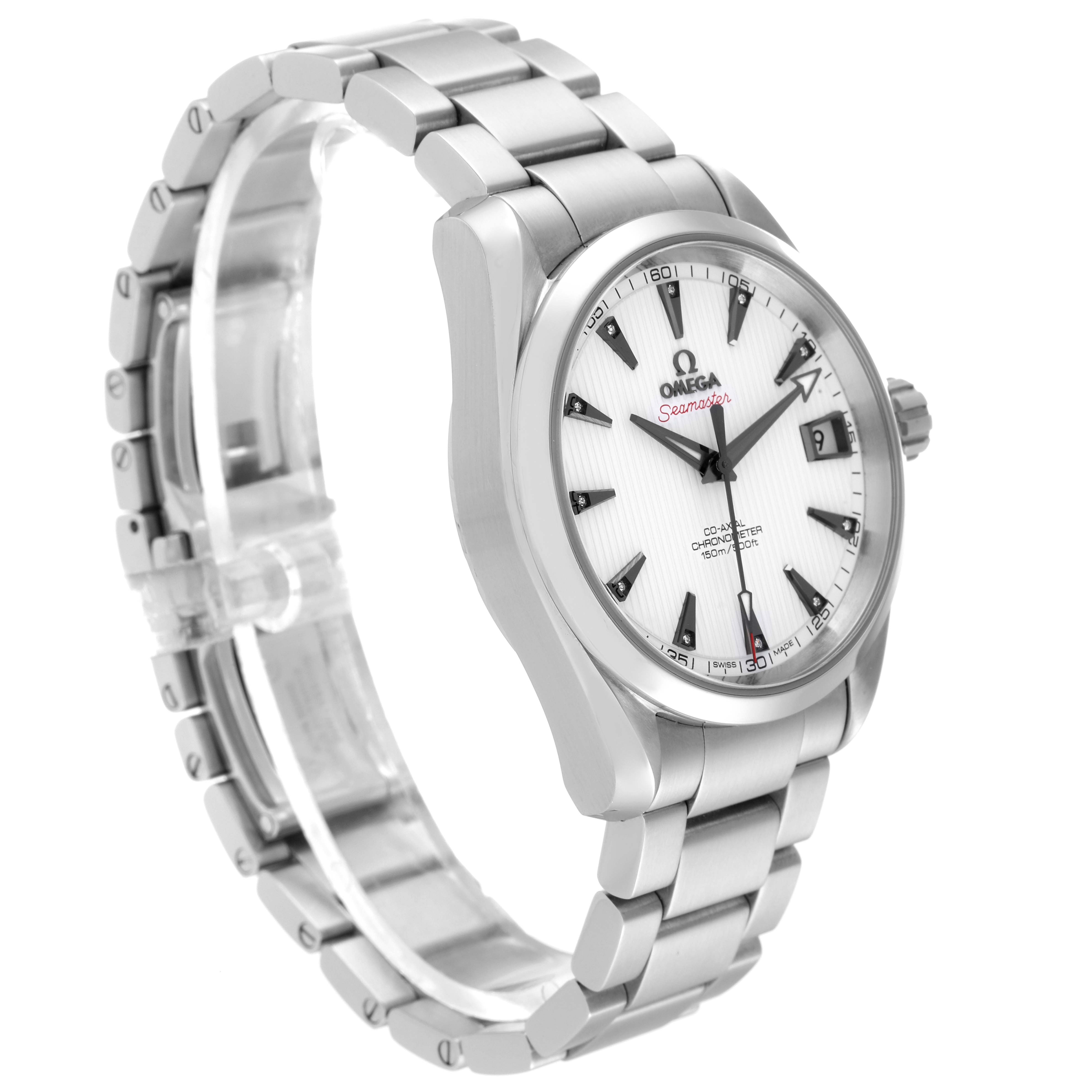 This image shows an Omega Aqua Terra 231.10.39.21.54.001 Men's Stainless Steel White Dial 231.10.39.21.54.001 Men's Stainless Steel White Dial watch at a slight angle, highlighting its face, bezel, crown, and metal bracelet.