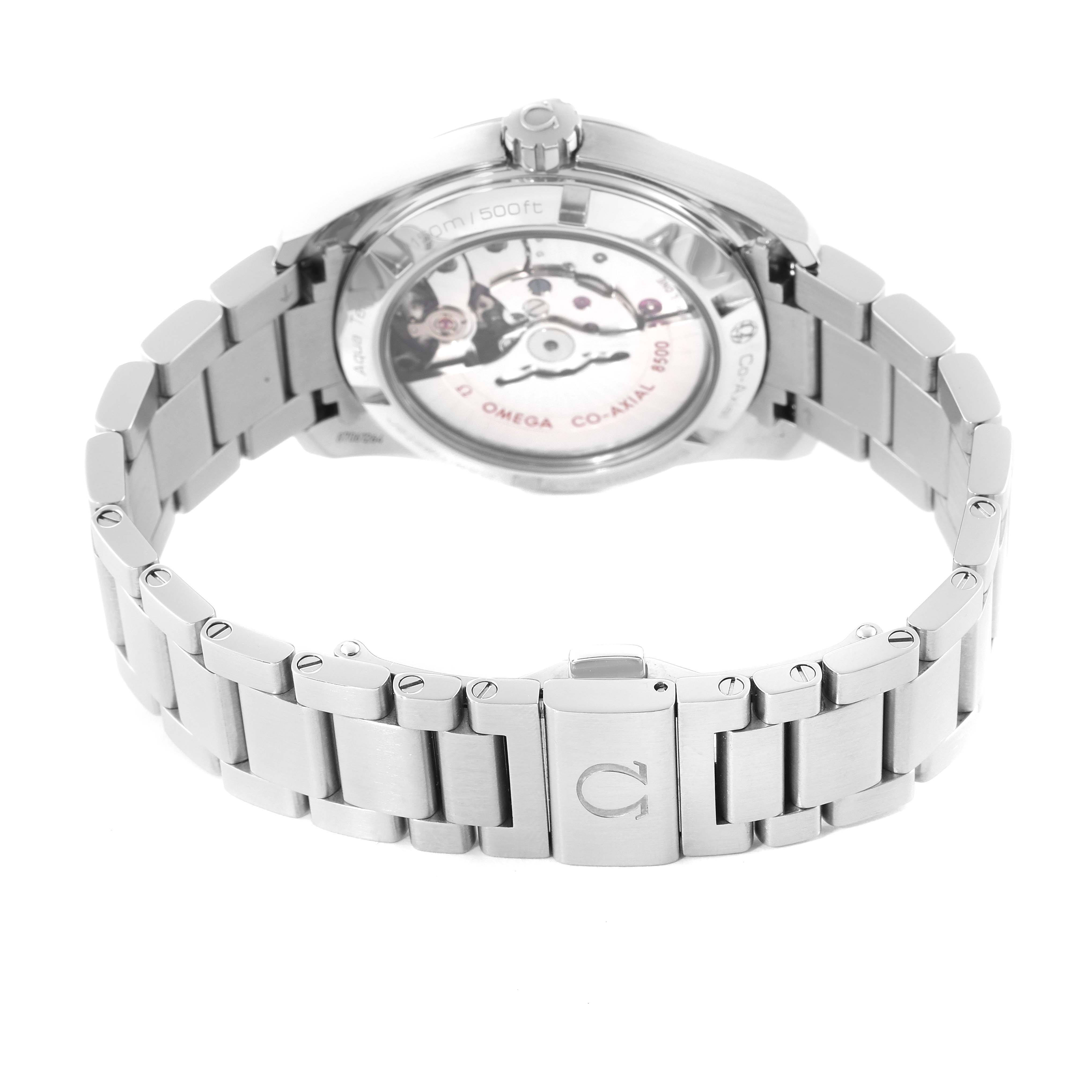 The image shows the back view of the Omega Aqua Terra 231.10.39.21.54.001 Men's Stainless Steel White Dial 231.10.39.21.54.001 Men's Stainless Steel White Dial watch, highlighting its bracelet, clasp, and the transparent case back.