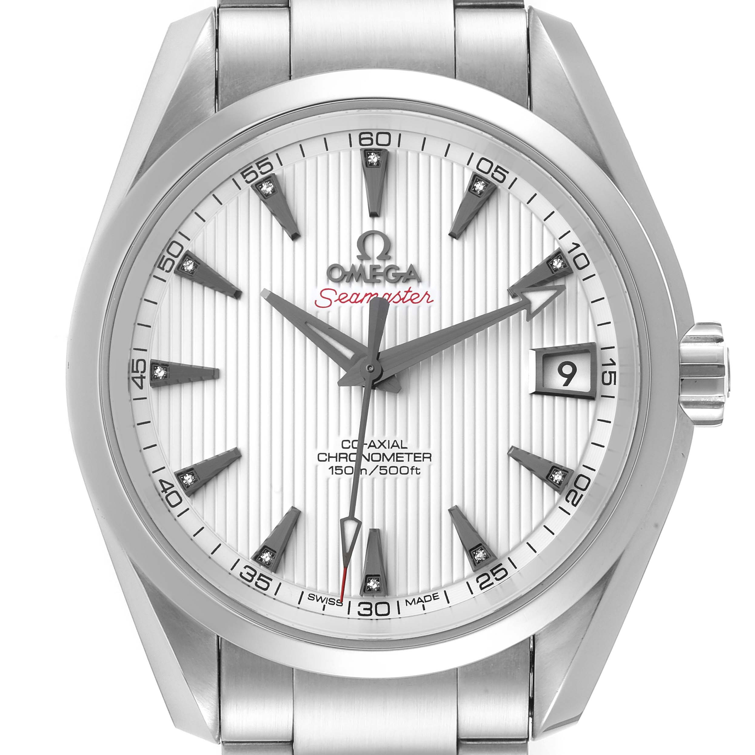 The image shows a front view of the Omega Aqua Terra 231.10.39.21.54.001 Men's Stainless Steel White Dial 231.10.39.21.54.001 Men's Stainless Steel White Dial Seamaster watch, highlighting its dial, hands, and bracelet.