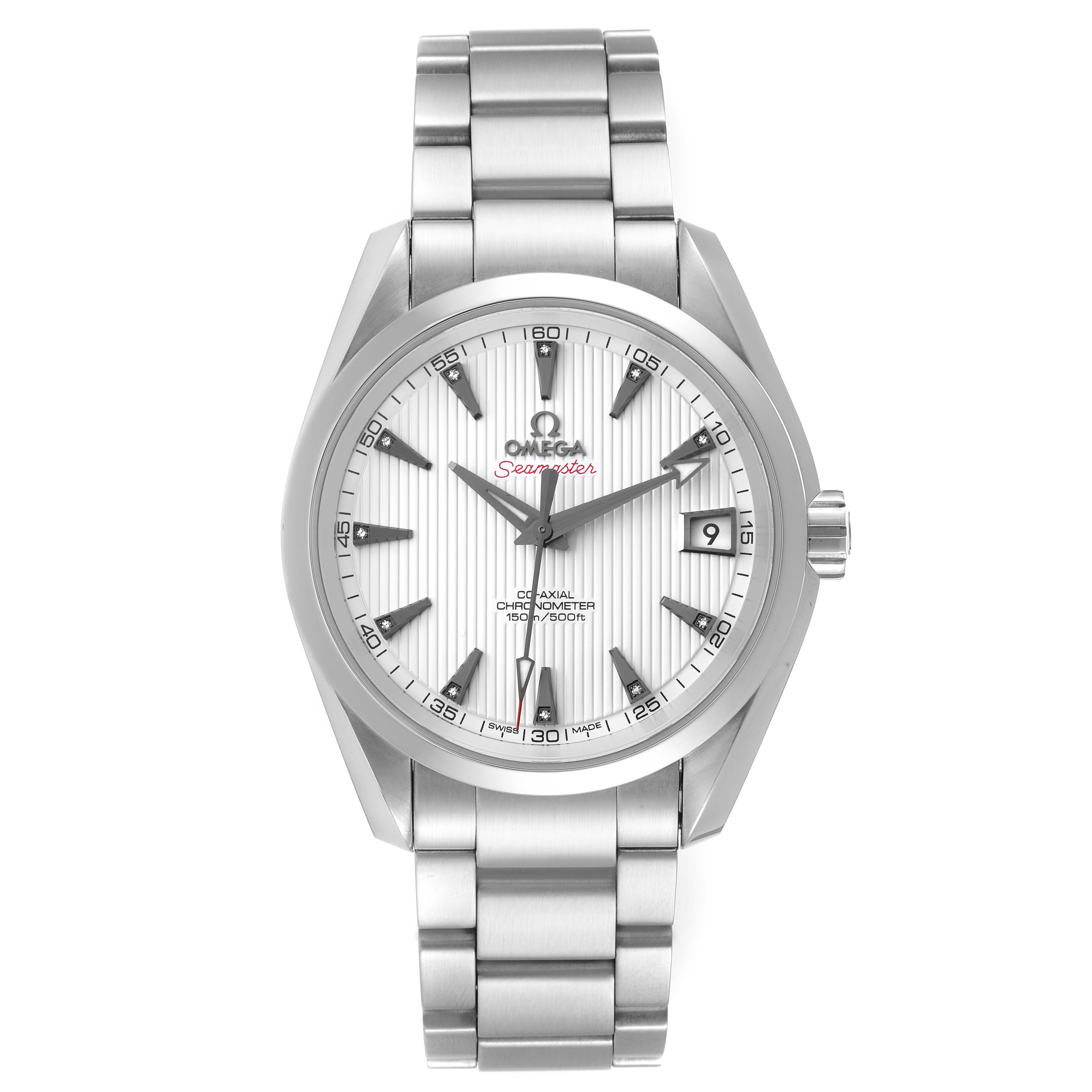 The Omega Aqua Terra 231.10.39.21.54.001 Men's Stainless Steel White Dial 231.10.39.21.54.001 Men's Stainless Steel White Dial watch is shown from the front, displaying its face, hands, date, bezel, and stainless steel bracelet.