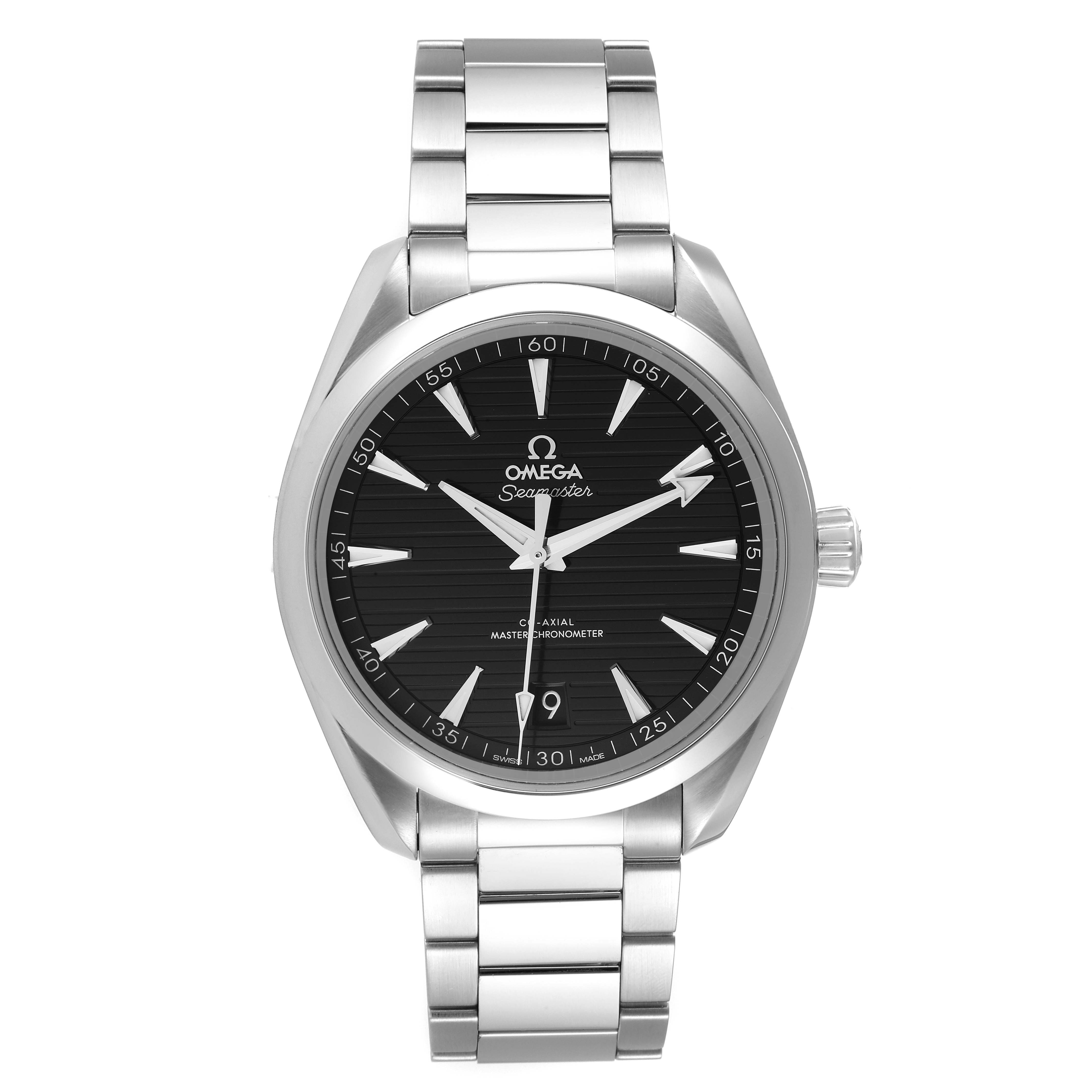 The image shows a front view of an Omega Aqua Terra 220.10.41.21.01.001 Men's Stainless Steel Black Dial 220.10.41.21.01.001 Men's Stainless Steel Black Dial model watch, highlighting the dial and bracelet.