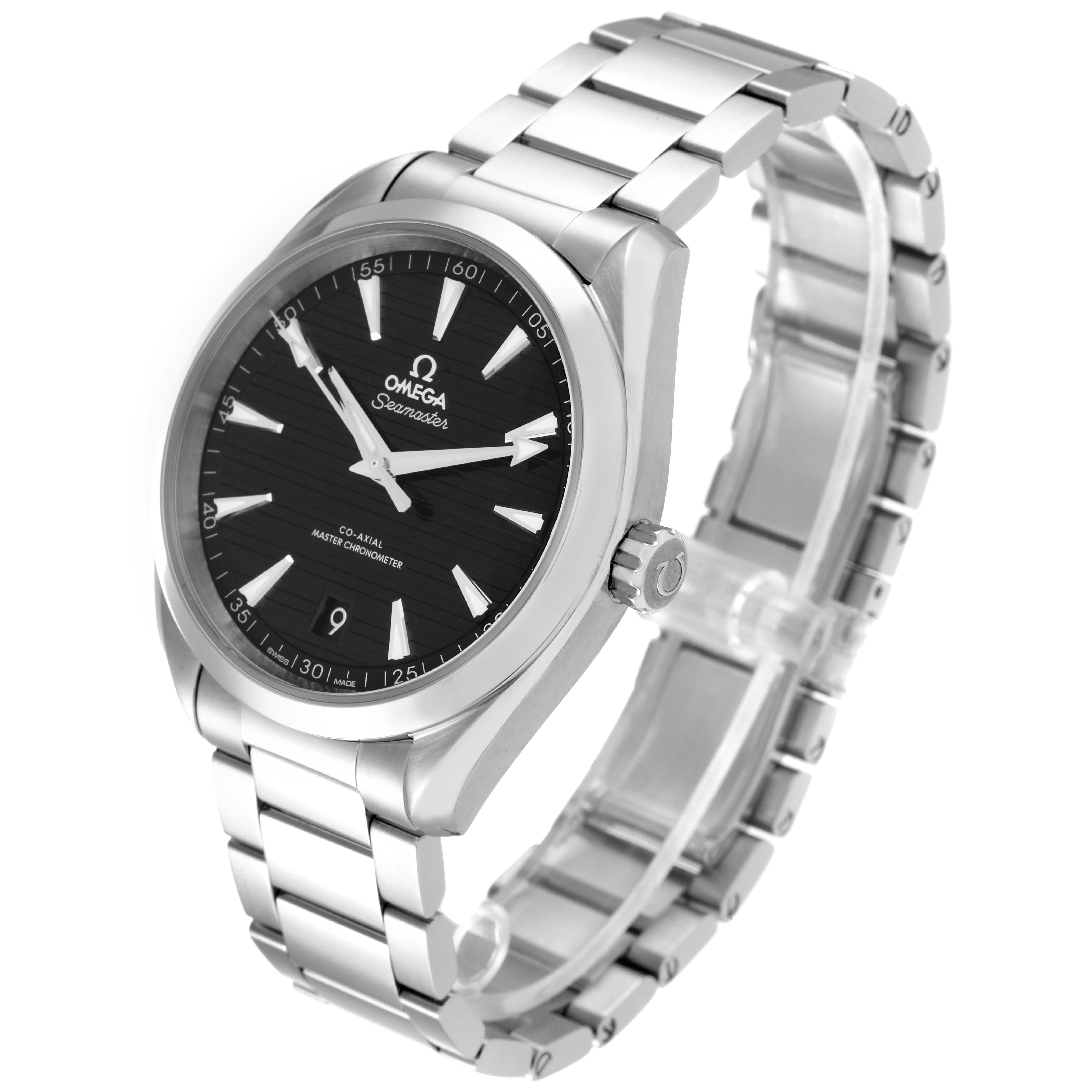 The image shows an Omega Aqua Terra 220.10.41.21.01.001 Men's Stainless Steel Black Dial 220.10.41.21.01.001 Men's Stainless Steel Black Dial watch at an oblique angle, highlighting the face and bracelet.