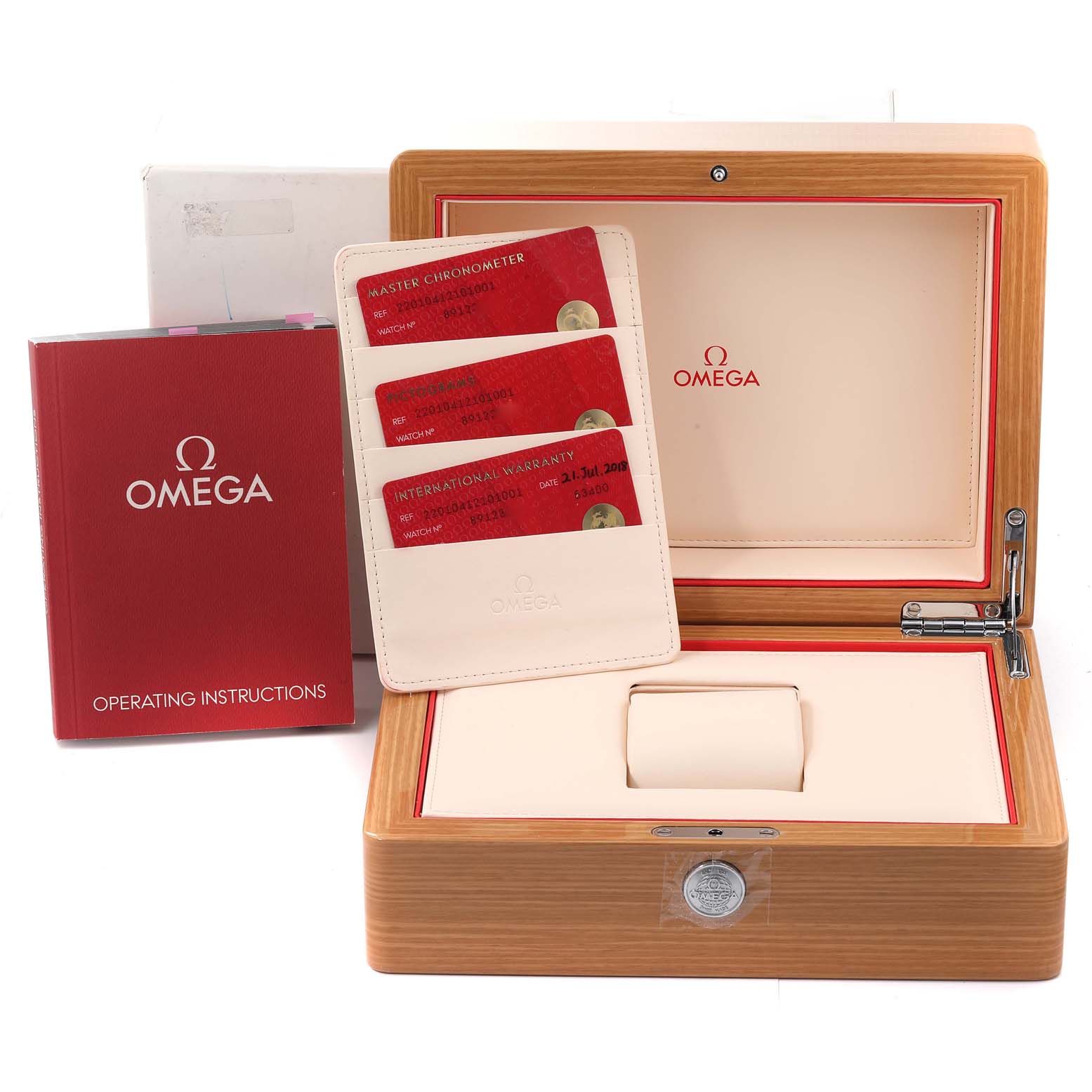 The image shows Omega Aqua Terra 220.10.41.21.01.001 Men's Stainless Steel Black Dial 220.10.41.21.01.001 Men's Stainless Steel Black Dial watch accessories, including a wooden box, warranty cards, and an operating instructions booklet.