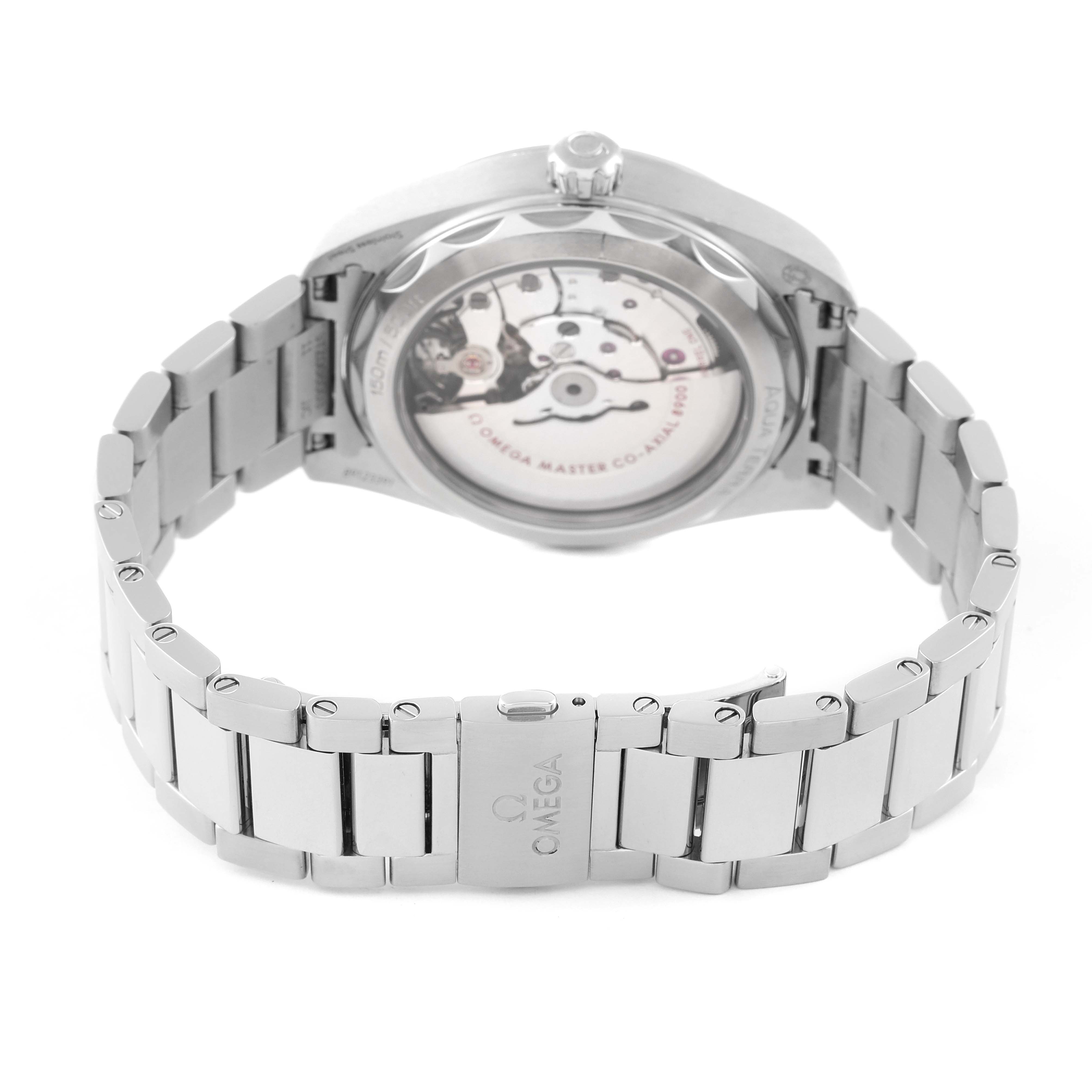 The image shows the back and bracelet of an Omega Aqua Terra 220.10.41.21.01.001 Men's Stainless Steel Black Dial 220.10.41.21.01.001 Men's Stainless Steel Black Dial watch with its movement visible through the case back.