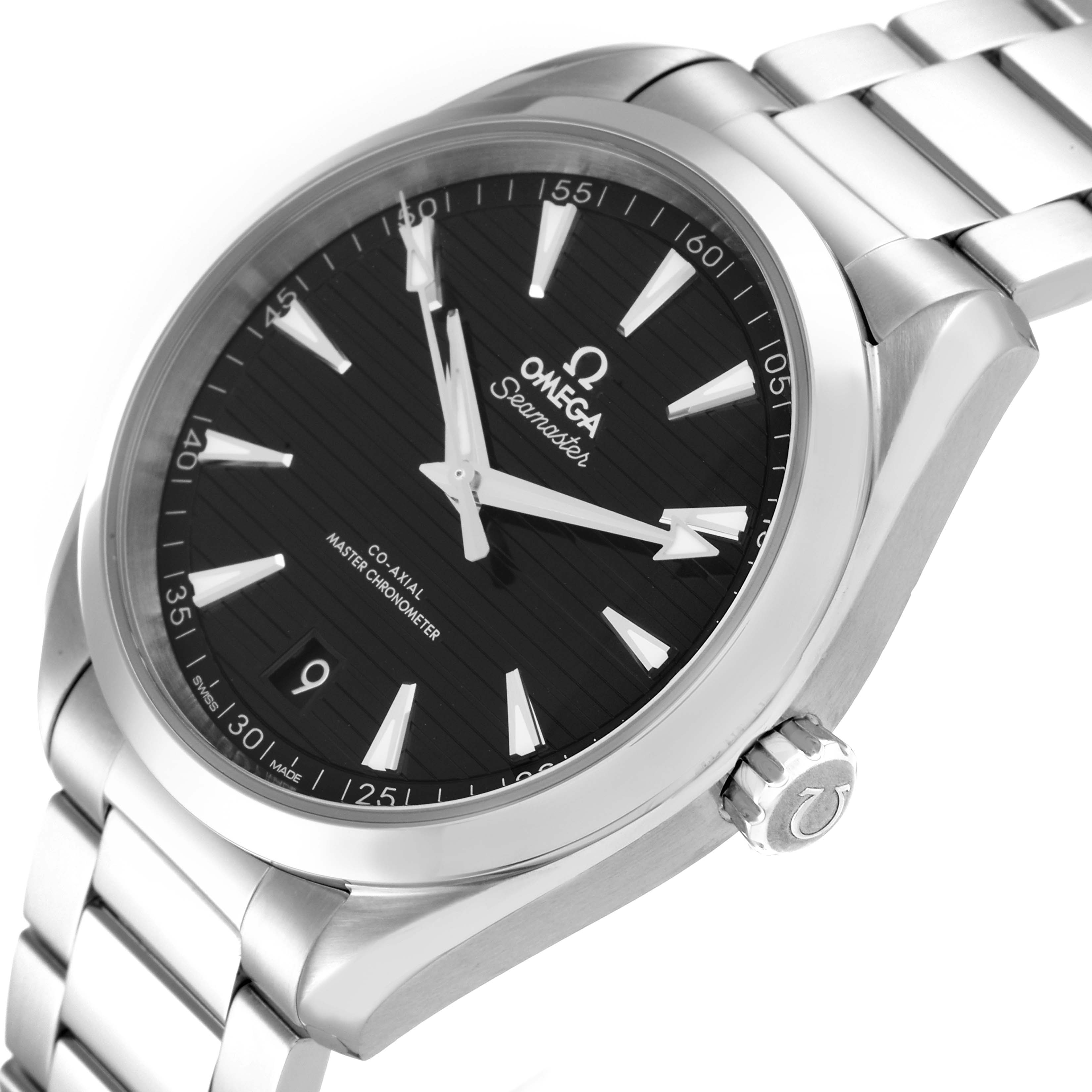 This image shows a close-up angled view of the Omega Aqua Terra 220.10.41.21.01.001 Men's Stainless Steel Black Dial 220.10.41.21.01.001 Men's Stainless Steel Black Dial watch, highlighting its dial, bezel, crown, and part of the bracelet.