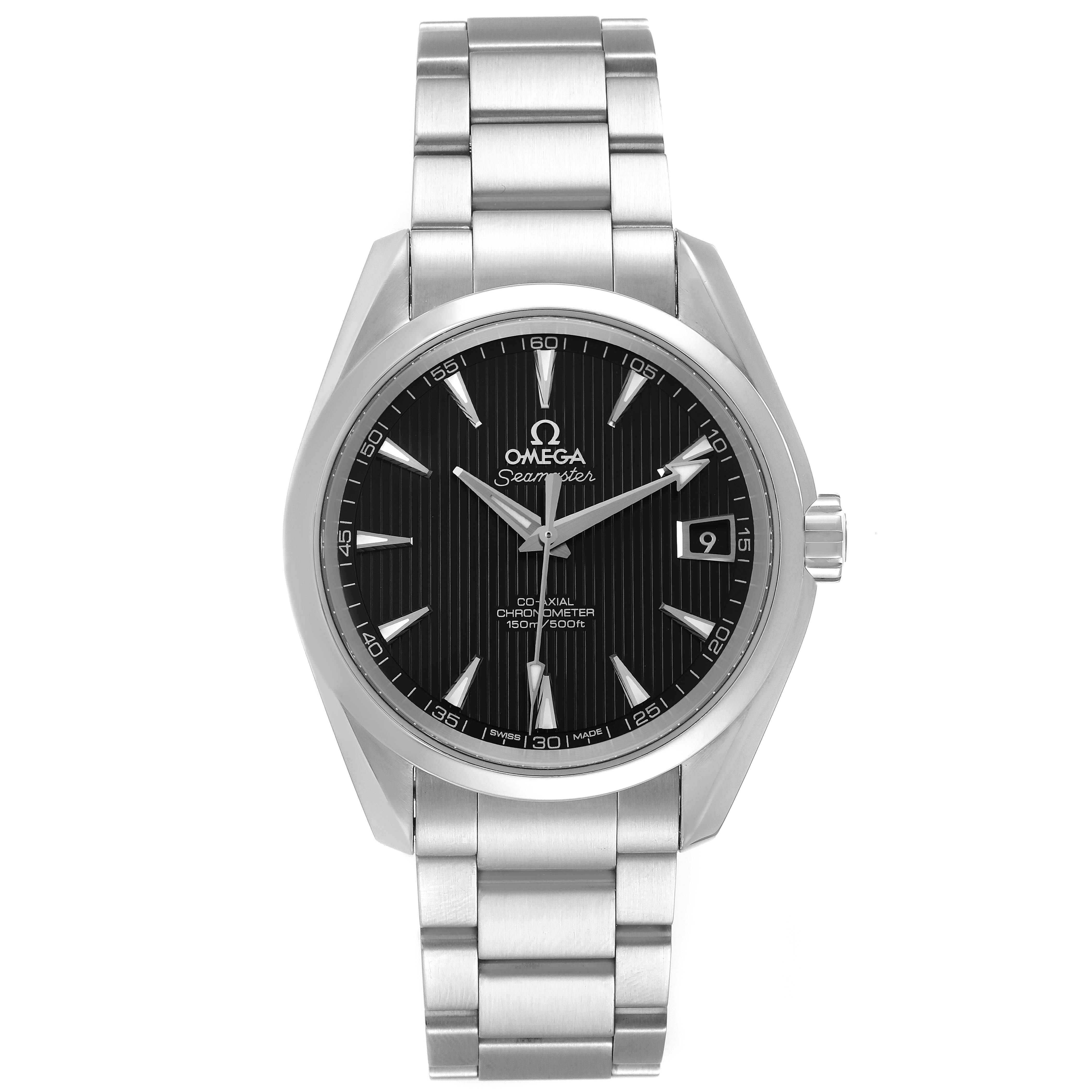 This Omega Aqua Terra 231.10.39.21.01.002 Men's Stainless Steel Black Dial 231.10.39.21.01.002 Men's Stainless Steel Black Dial watch is shown from the front, highlighting the face, hands, date display, case, and bracelet.