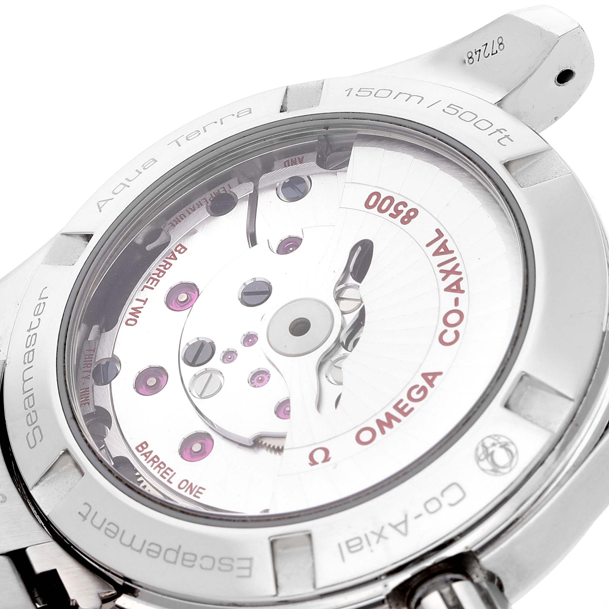 The image shows the open case back of an Omega Aqua Terra 231.10.39.21.01.002 Men's Stainless Steel Black Dial 231.10.39.21.01.002 Men's Stainless Steel Black Dial watch, revealing its Co-Axial movement.