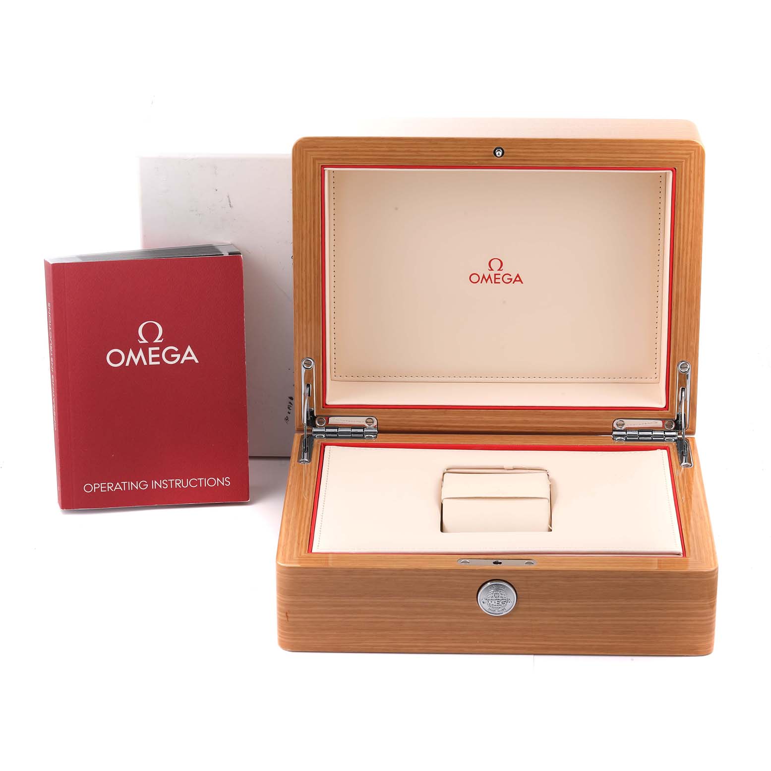 The image shows an open Omega Aqua Terra 231.10.39.21.01.002 Men's Stainless Steel Black Dial 231.10.39.21.01.002 Men's Stainless Steel Black Dial watch box with the lid and operating instructions book displayed.