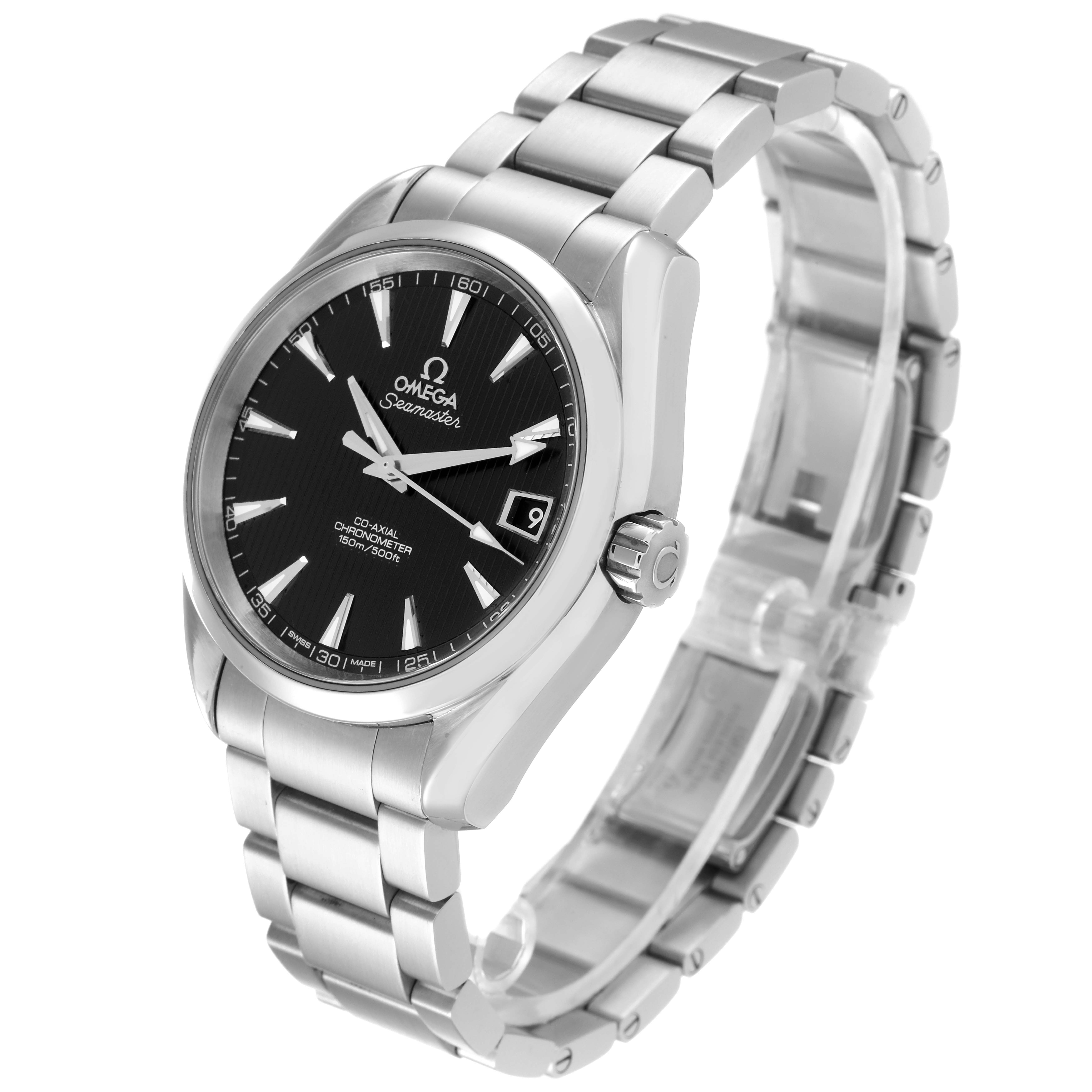 The image shows an Omega Aqua Terra 231.10.39.21.01.002 Men's Stainless Steel Black Dial 231.10.39.21.01.002 Men's Stainless Steel Black Dial watch from a front-side angle, displaying its face, crown, and bracelet.