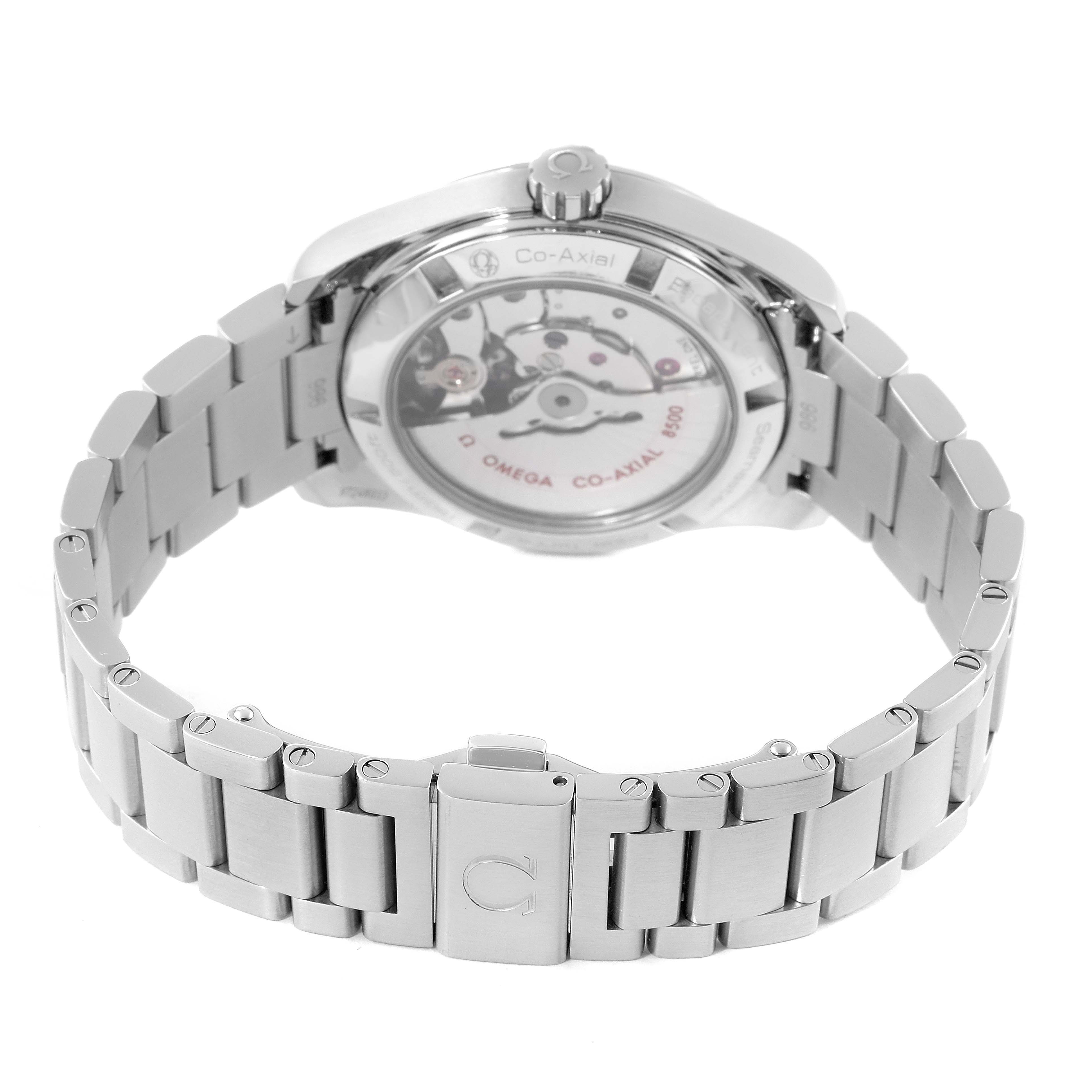 This image shows the back and the bracelet of the Omega Aqua Terra 231.10.39.21.01.002 Men's Stainless Steel Black Dial 231.10.39.21.01.002 Men's Stainless Steel Black Dial watch, highlighting the Co-Axial movement.