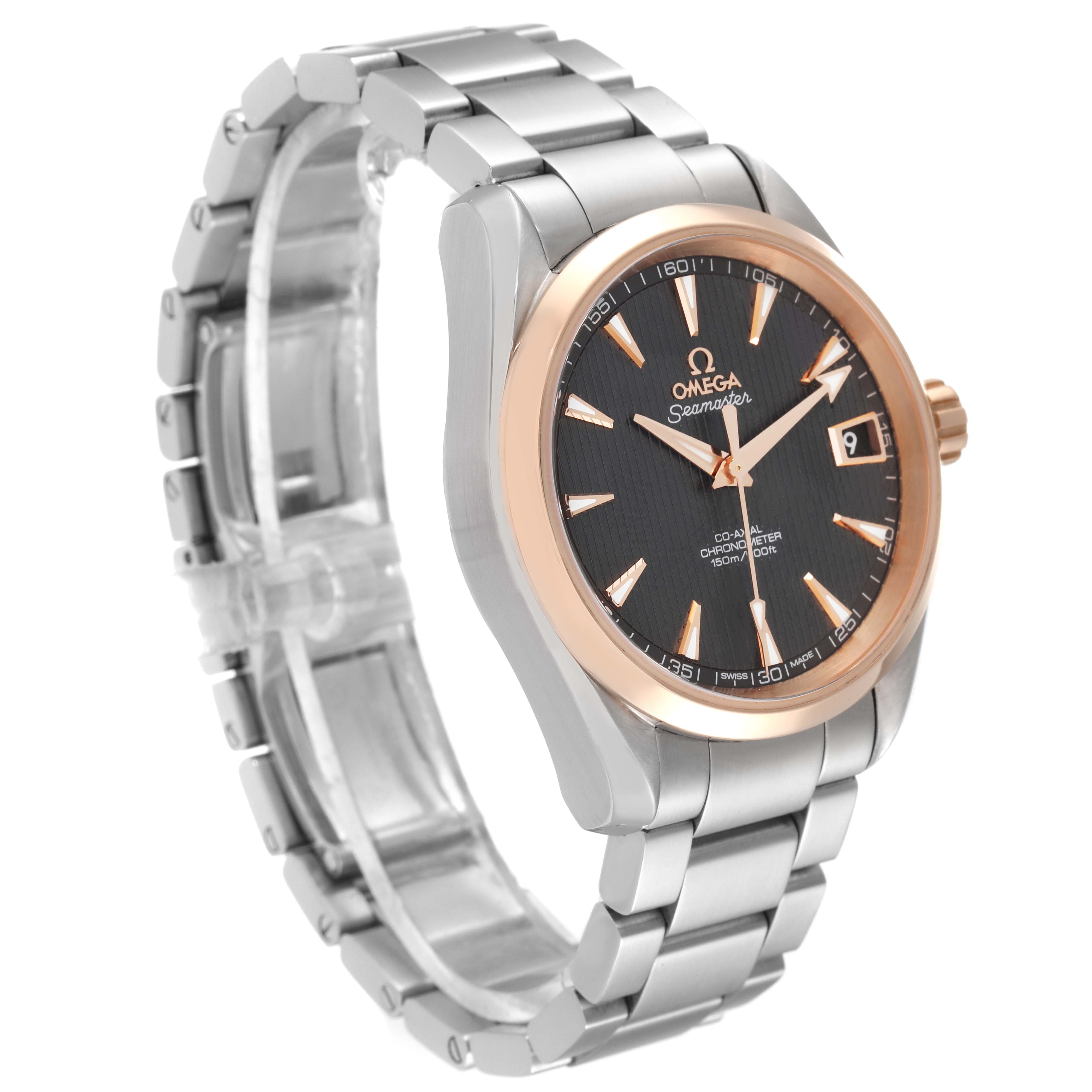 This image shows an Omega Aqua Terra 231.20.39.21.06.003 Men's Stainless Steel Grey Dial 231.20.39.21.06.003 Men's Stainless Steel Grey Dial watch from a three-quarter angle, highlighting the face, bezel, crown, and bracelet.