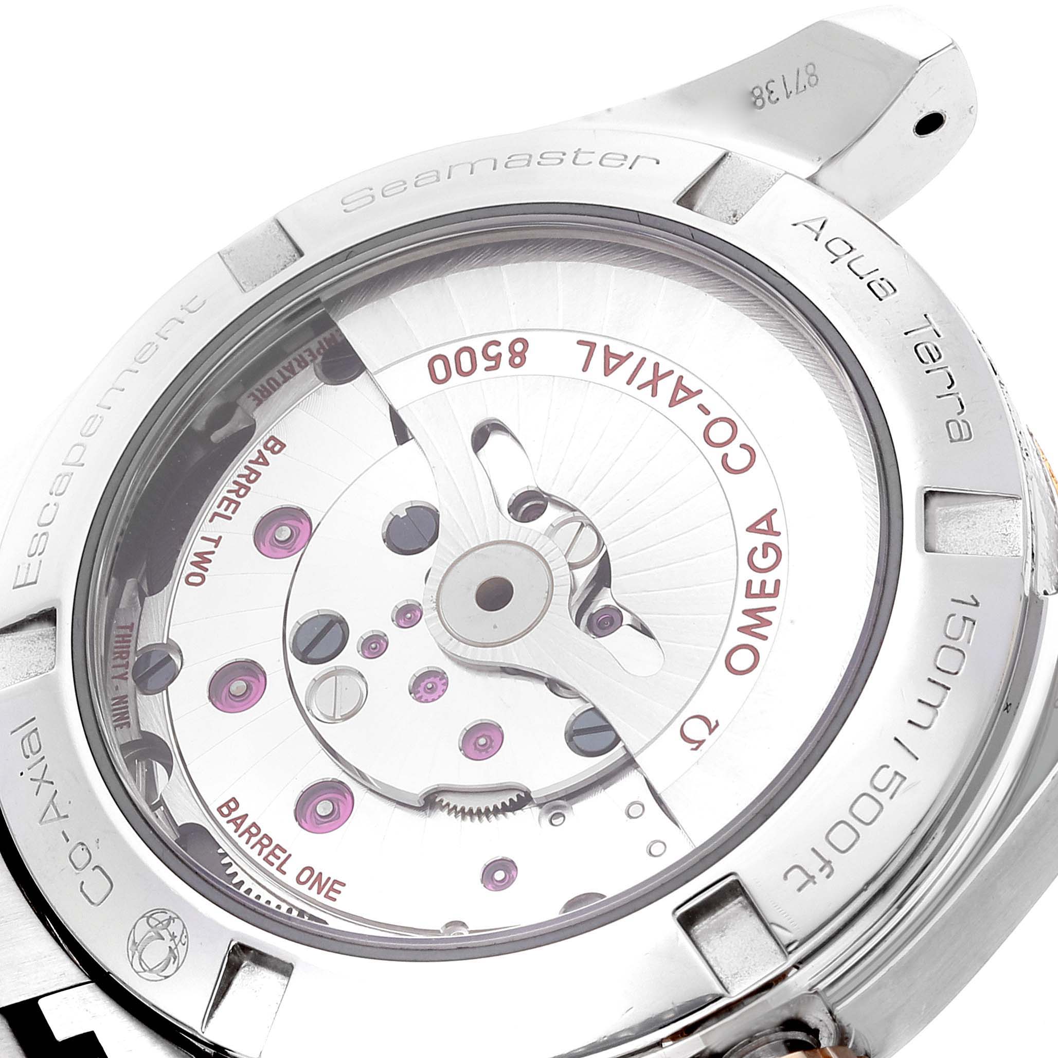 This is a close-up view of the back case of the Omega Aqua Terra 231.20.39.21.06.003 Men's Stainless Steel Grey Dial 231.20.39.21.06.003 Men's Stainless Steel Grey Dial watch, showcasing its Co-Axial 8500 movement.