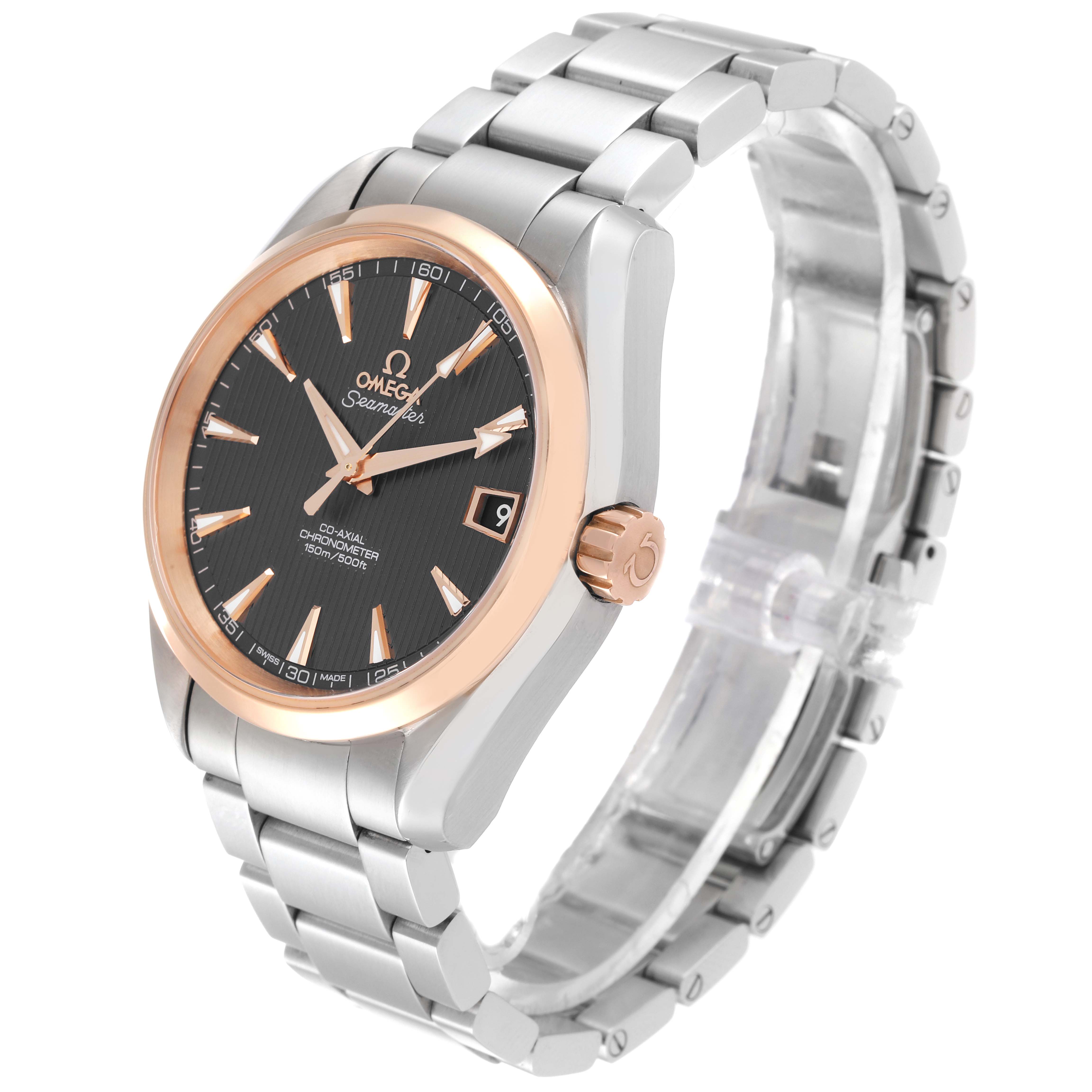 The Omega Aqua Terra 231.20.39.21.06.003 Men's Stainless Steel Grey Dial 231.20.39.21.06.003 Men's Stainless Steel Grey Dial watch is shown at an angled side view displaying its face, bezel, bracelet, and crown.