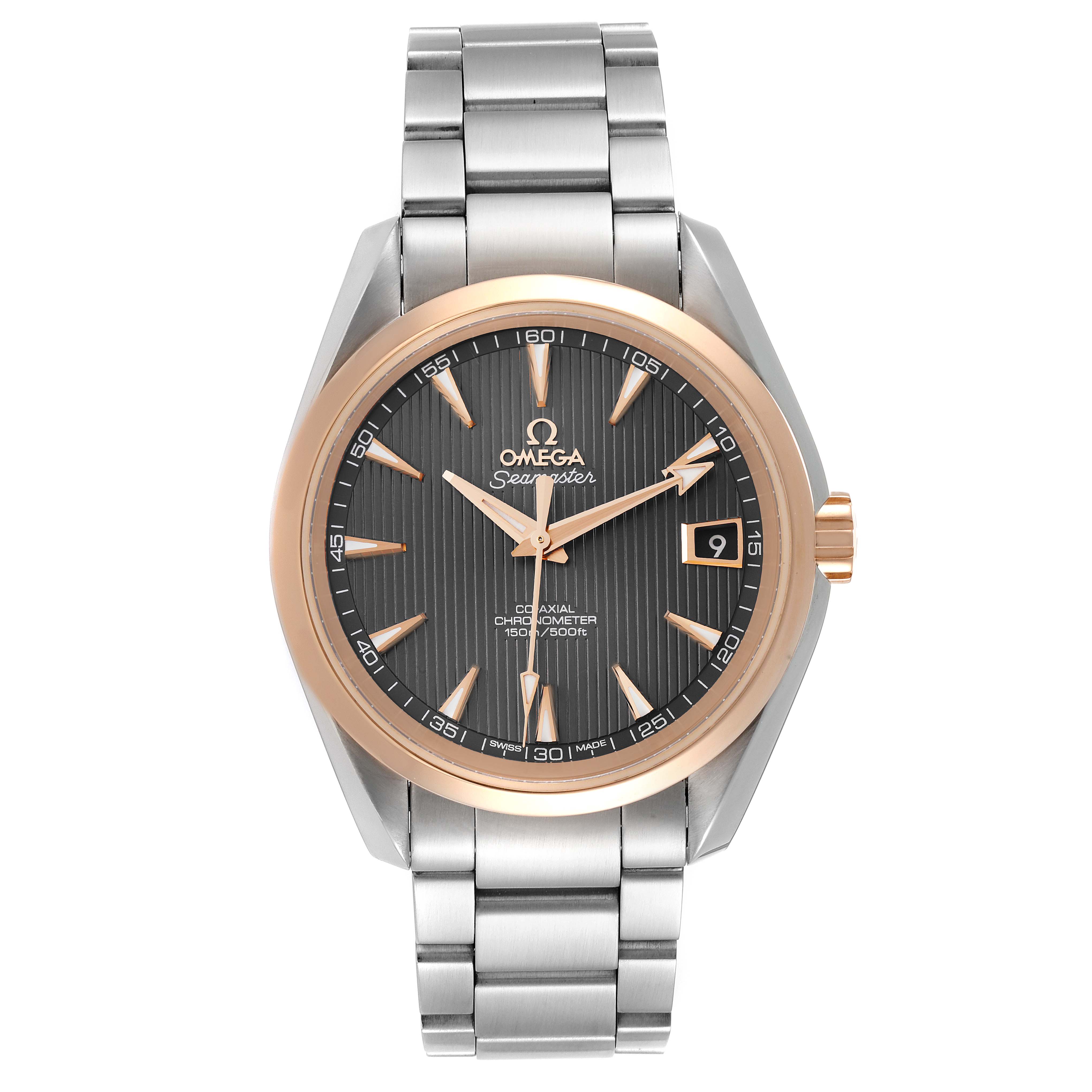 The image shows a front view of an Omega Aqua Terra 231.20.39.21.06.003 Men's Stainless Steel Grey Dial 231.20.39.21.06.003 Men's Stainless Steel Grey Dial watch, showcasing its dial, bezel, and metal bracelet.