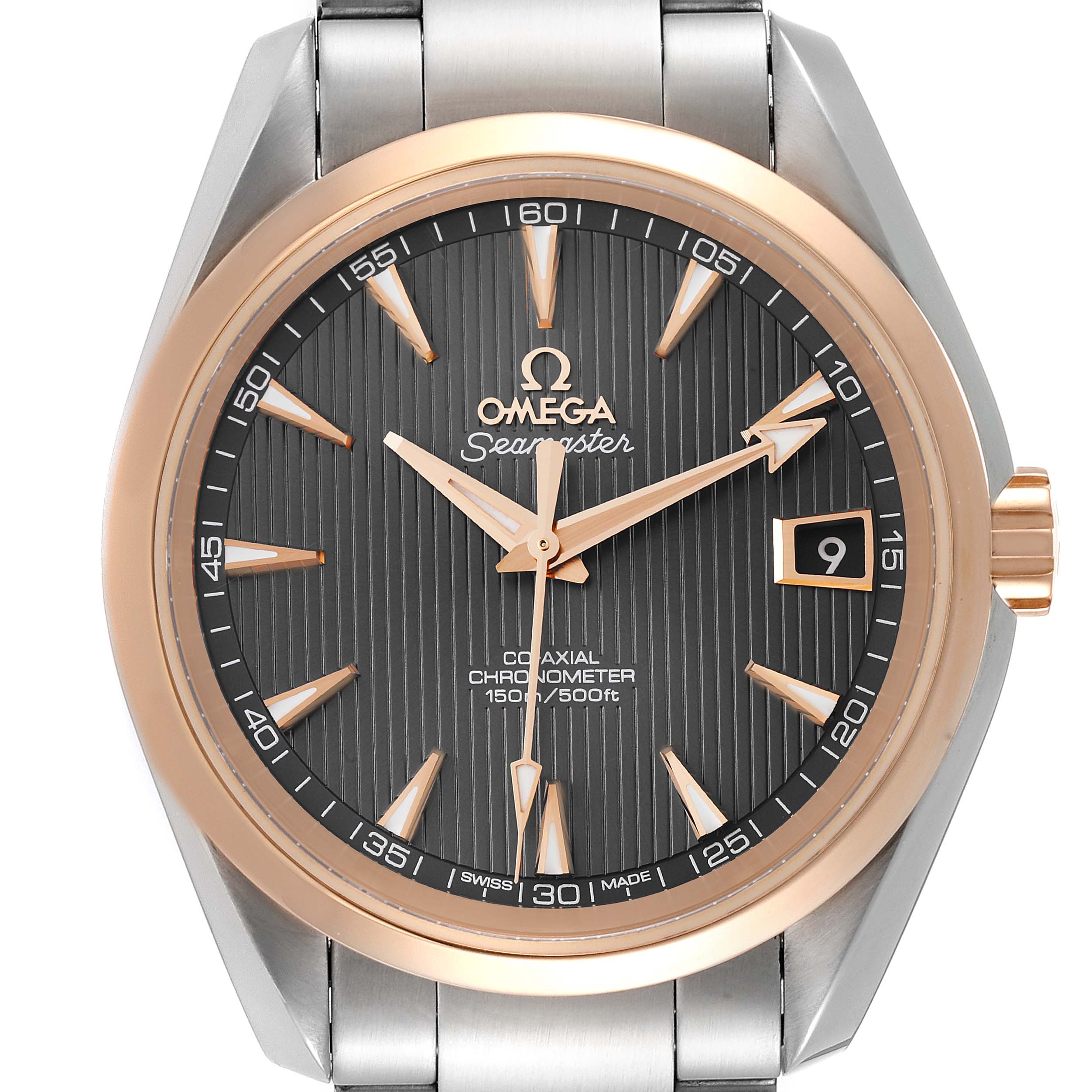 The image shows a frontal view of the Omega Aqua Terra 231.20.39.21.06.003 Men's Stainless Steel Grey Dial 231.20.39.21.06.003 Men's Stainless Steel Grey Dial Seamaster watch, highlighting its dial, bezel, and part of the bracelet.