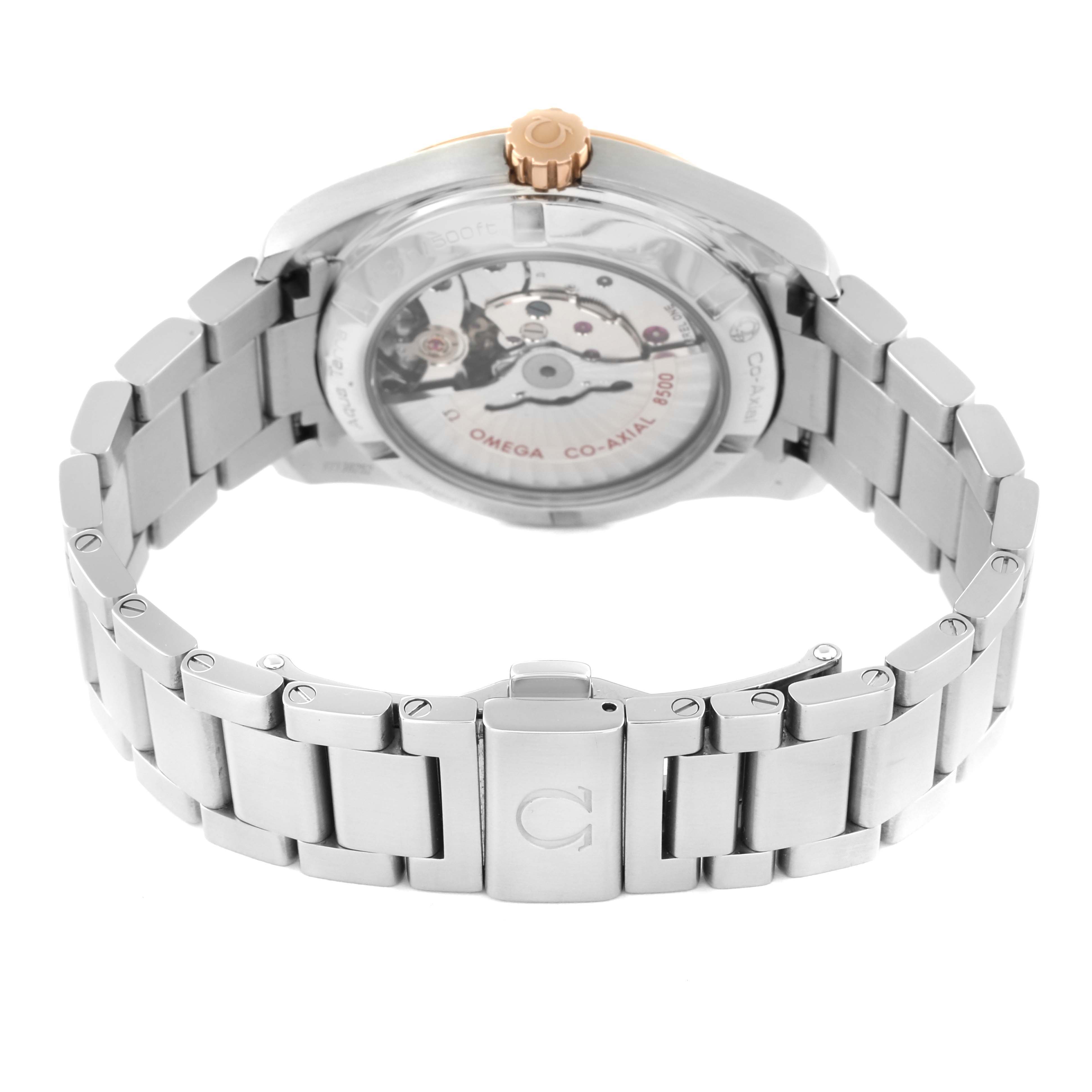 The image shows the back view of the Omega Aqua Terra 231.20.39.21.06.003 Men's Stainless Steel Grey Dial 231.20.39.21.06.003 Men's Stainless Steel Grey Dial watch, highlighting its transparent caseback and metal bracelet.