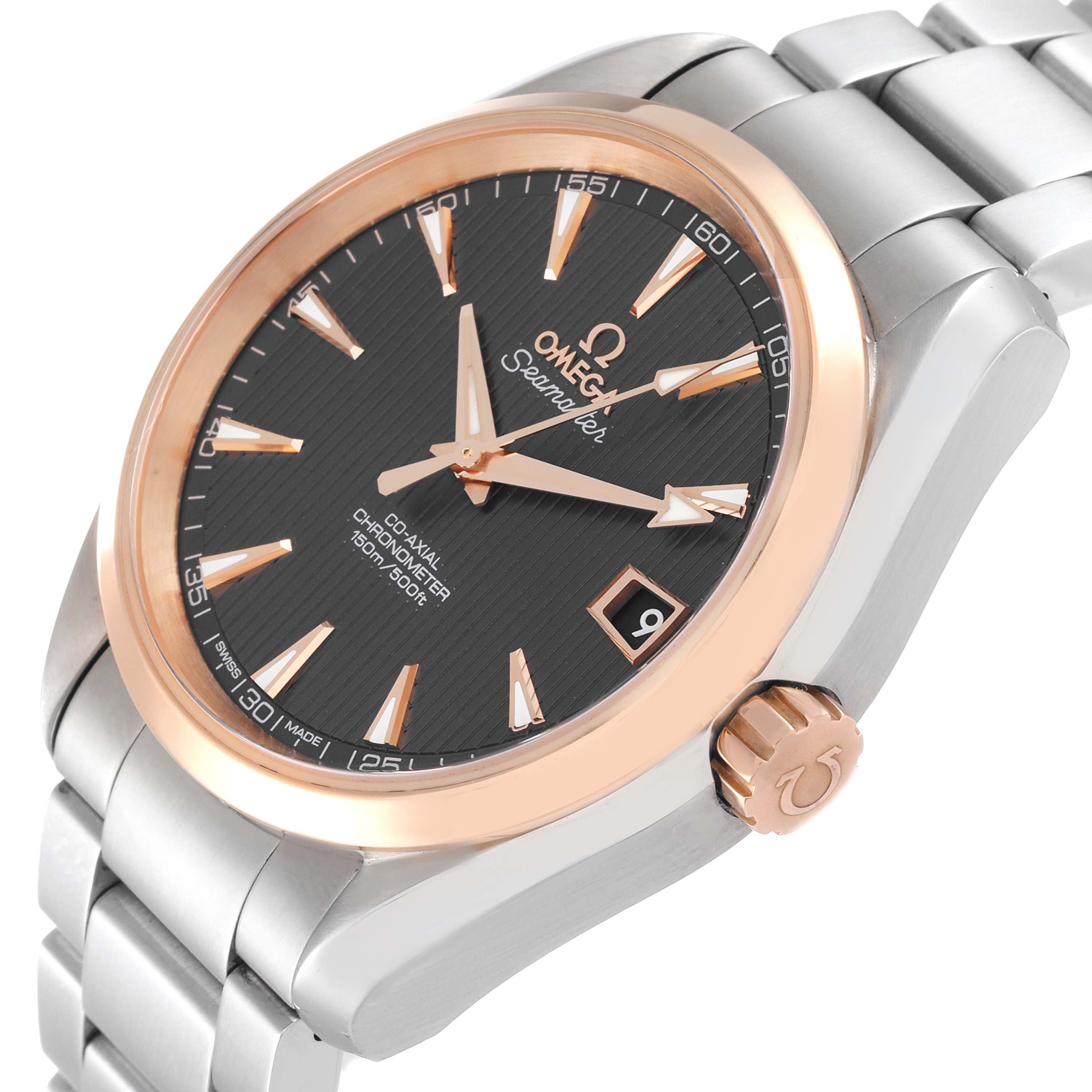 The image shows a side angle of an Omega Aqua Terra 231.20.39.21.06.003 Men's Stainless Steel Grey Dial 231.20.39.21.06.003 Men's Stainless Steel Grey Dial watch, highlighting its face, bezel, crown, and bracelet.