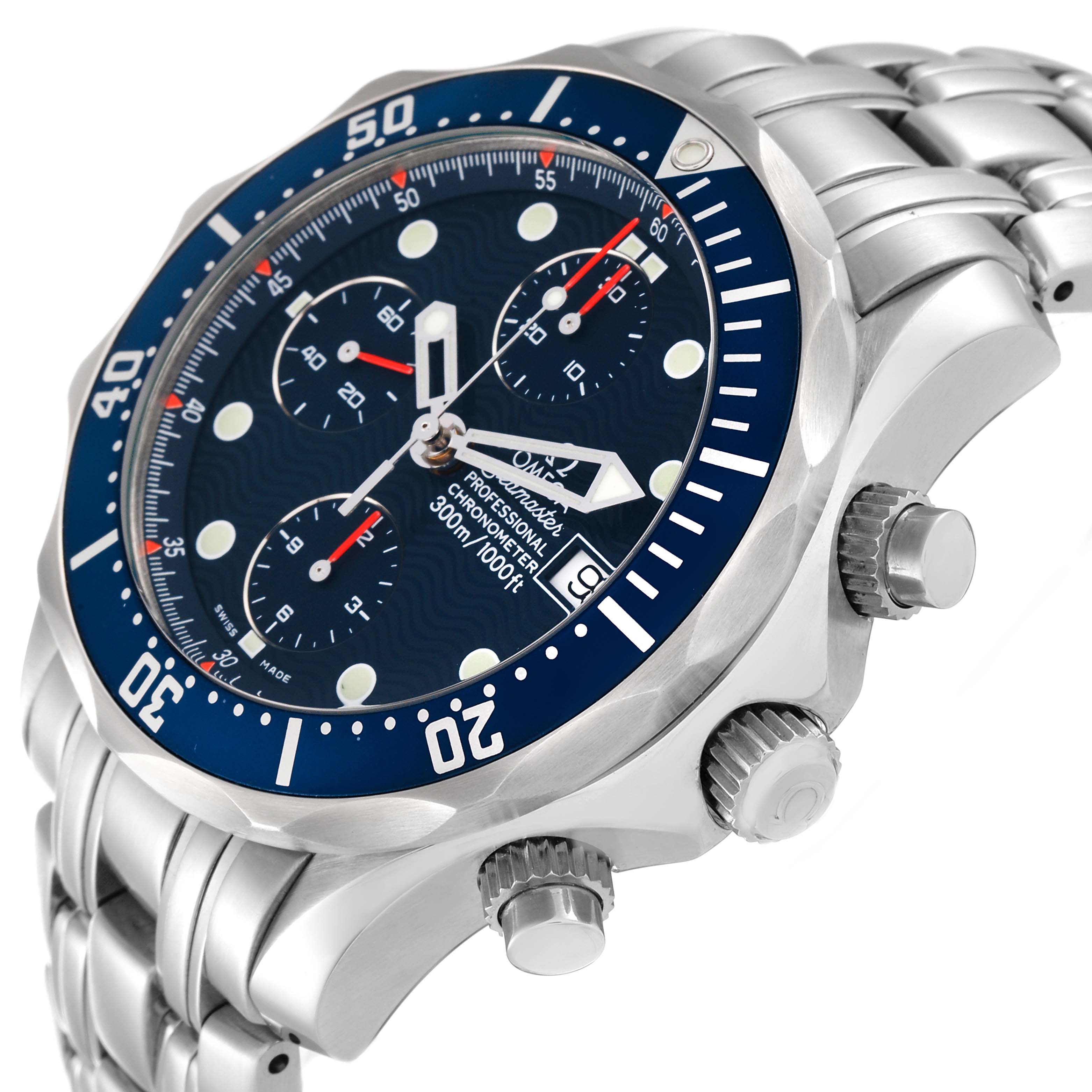 This image shows an angled close-up of the Omega Seamaster 2599.80.00 Men's Stainless Steel Blue Dial 2599.80.00 Men's Stainless Steel Blue Dial watch, highlighting its face, bezel, crown, and bracelet.