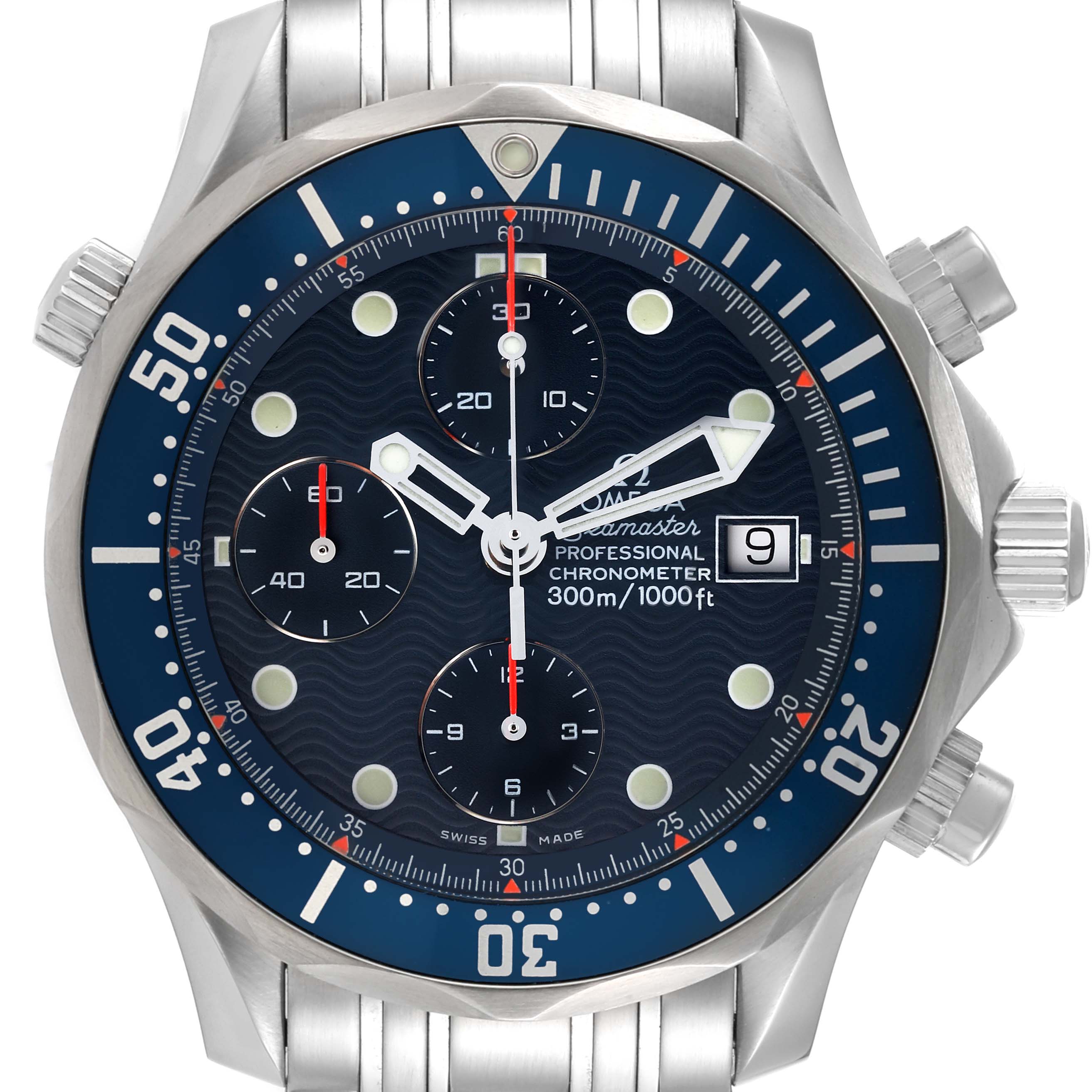 Front view of an Omega Seamaster 2599.80.00 Men's Stainless Steel Blue Dial 2599.80.00 Men's Stainless Steel Blue Dial watch showcasing the dial, bezel, chronograph, and date window.