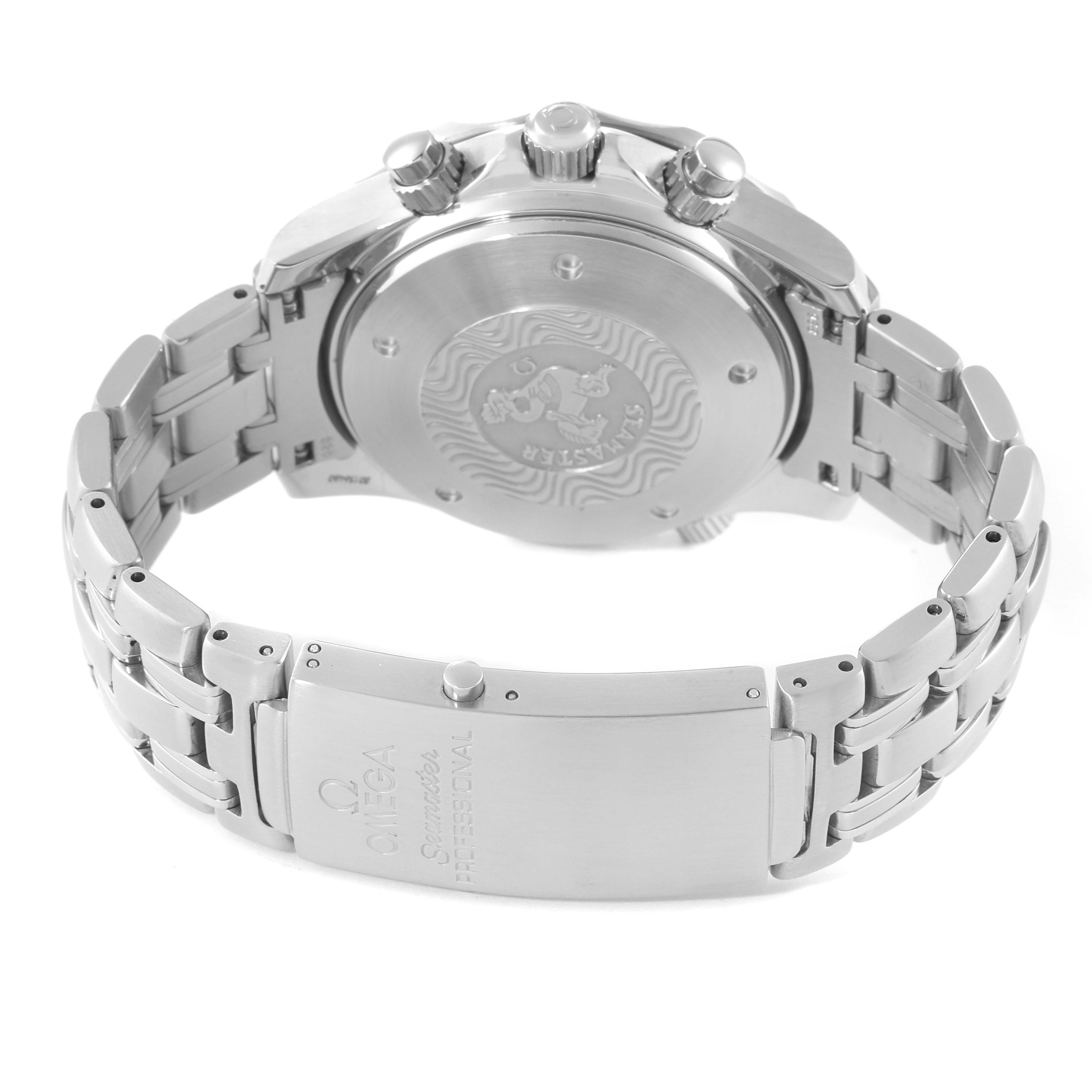 The image shows the back and bracelet of an Omega Seamaster 2599.80.00 Men's Stainless Steel Blue Dial 2599.80.00 Men's Stainless Steel Blue Dial watch, highlighting the case back, clasp, and crown area.