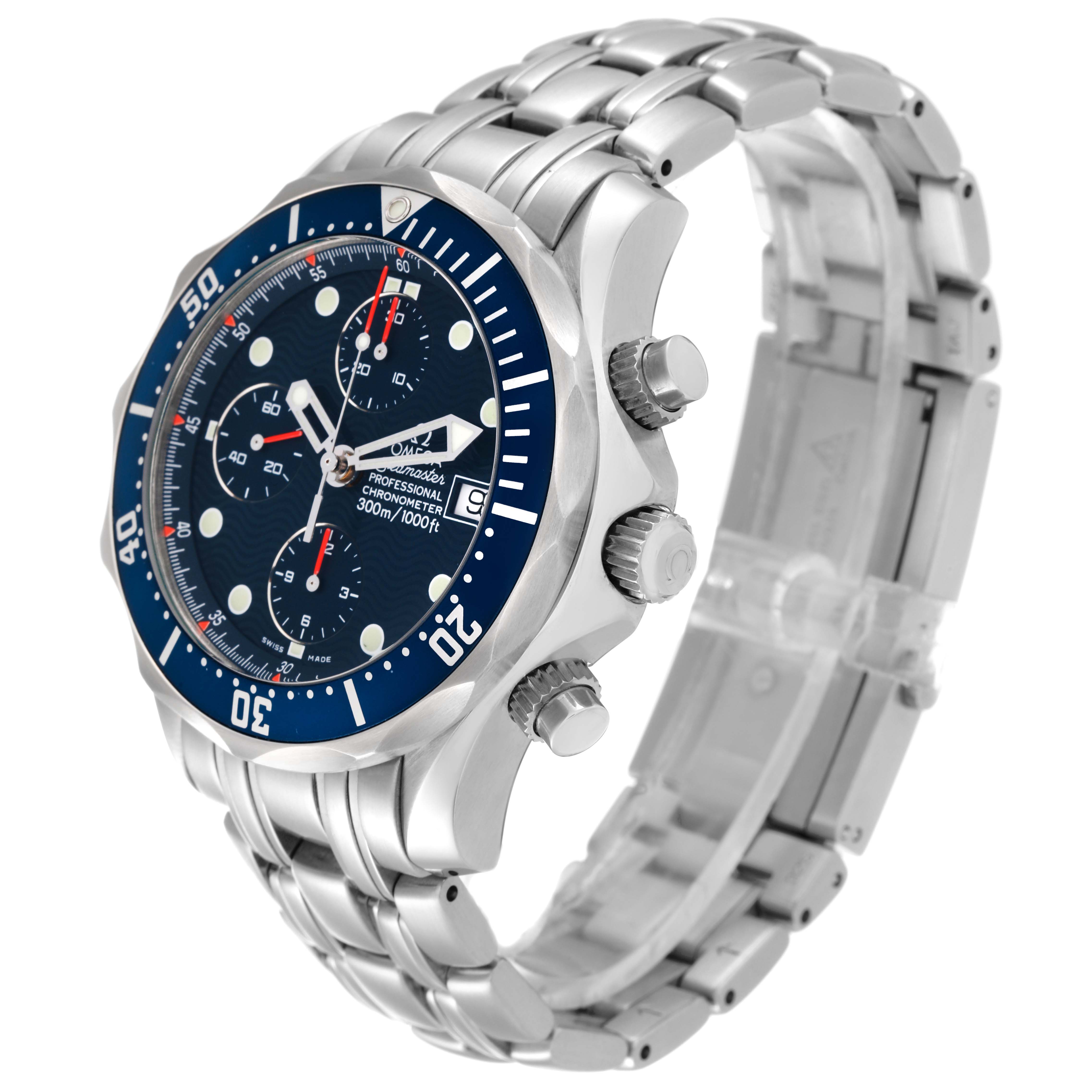 The Omega Seamaster 2599.80.00 Men's Stainless Steel Blue Dial 2599.80.00 Men's Stainless Steel Blue Dial watch is shown at a front-side angle, highlighting the face, bezel, and stainless steel bracelet.