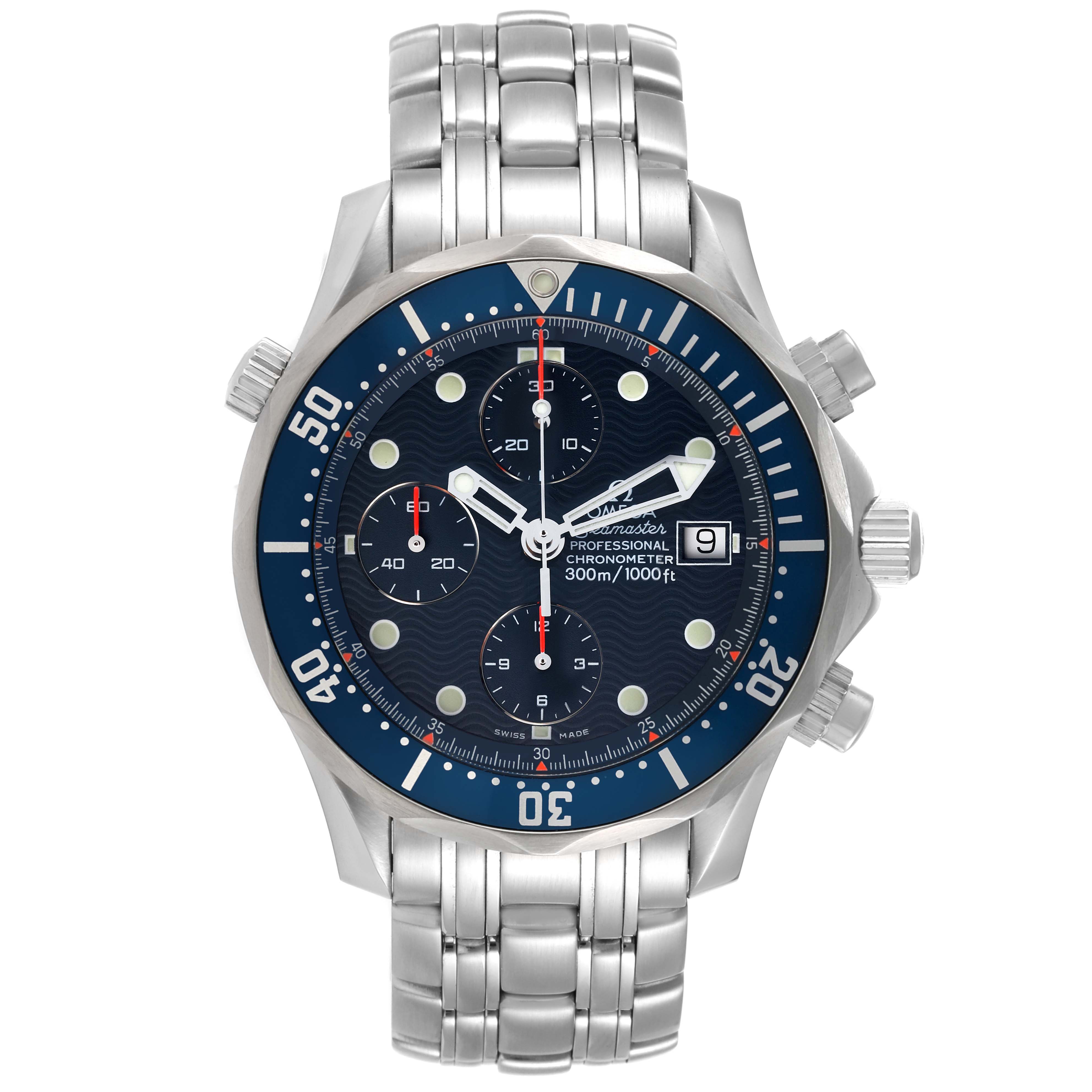 The image shows a frontal view of the Omega Seamaster 2599.80.00 Men's Stainless Steel Blue Dial 2599.80.00 Men's Stainless Steel Blue Dial watch with a stainless steel bracelet and blue dial.