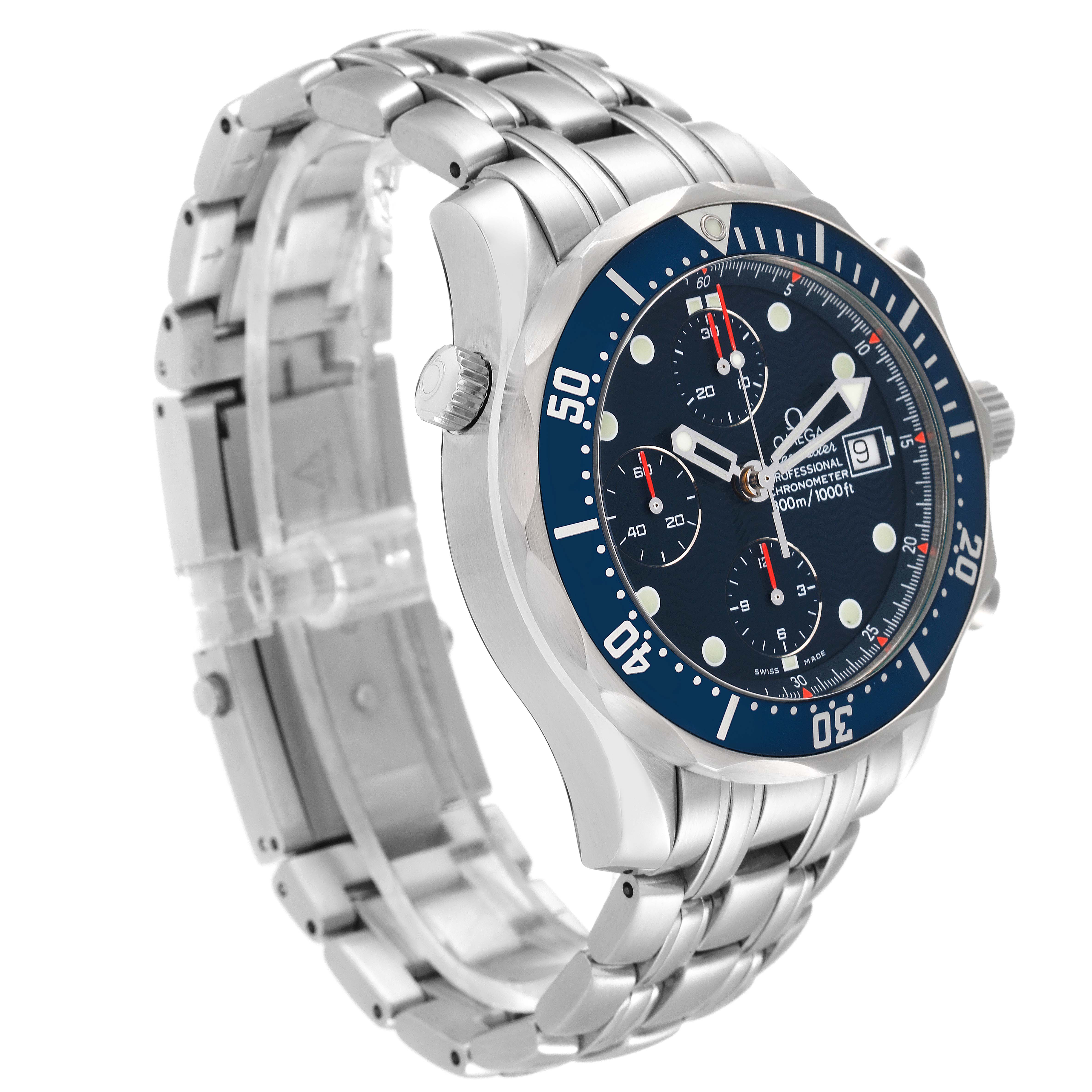 The image shows an angled view of the Omega Seamaster 2599.80.00 Men's Stainless Steel Blue Dial 2599.80.00 Men's Stainless Steel Blue Dial watch, displaying its blue dial, stainless steel case, and bracelet.