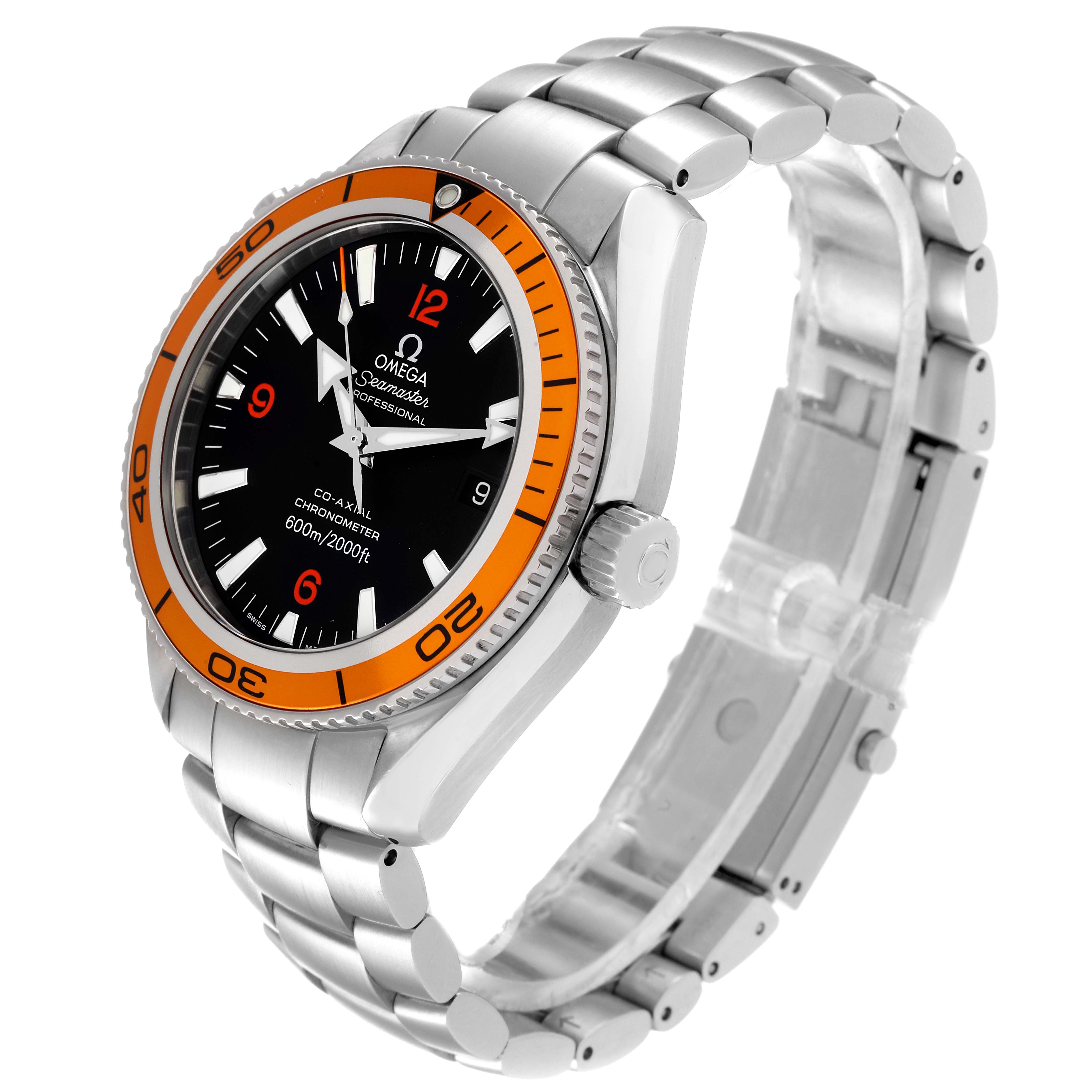 The image shows an Omega Planet Ocean 2209.50.00 Men's Stainless Steel Black Dial 2209.50.00 Men's Stainless Steel Black Dial watch at a three-quarter angle, highlighting the face, orange bezel, crown, and metal bracelet.