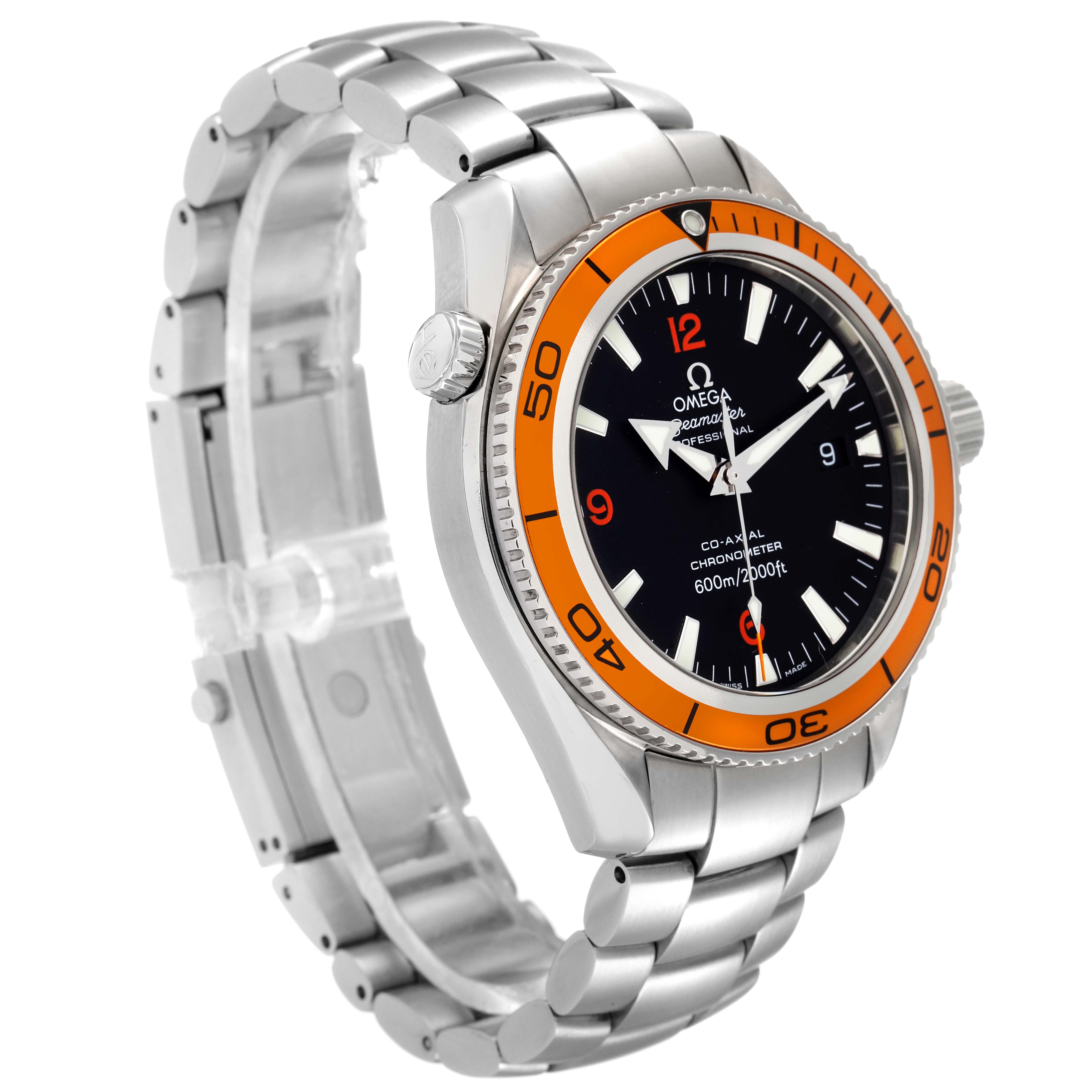 The image shows a side angle of the Omega Planet Ocean 2209.50.00 Men's Stainless Steel Black Dial 2209.50.00 Men's Stainless Steel Black Dial watch, highlighting its bezel, face, and metal strap.