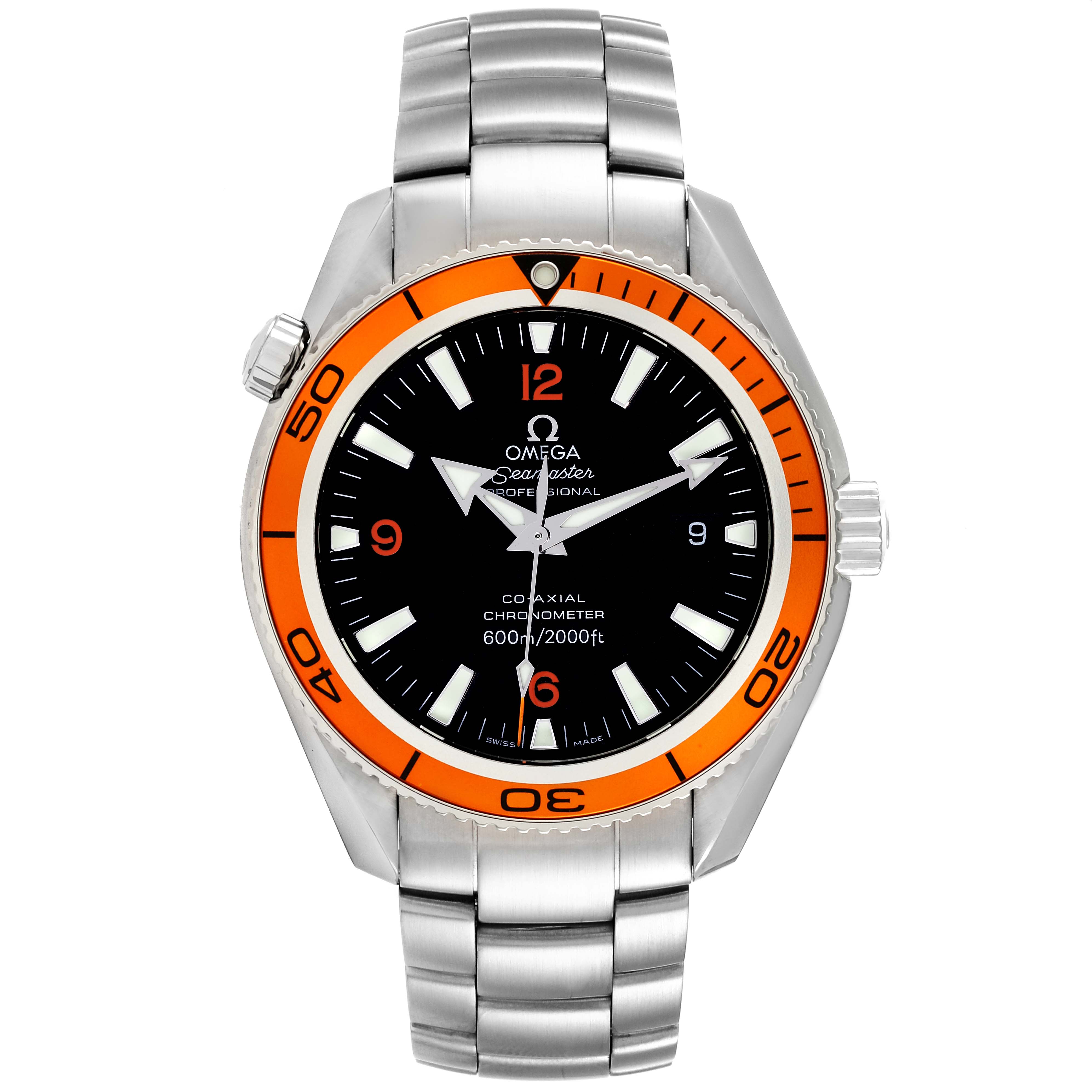 The image shows a front view of the Omega Planet Ocean 2209.50.00 Men's Stainless Steel Black Dial 2209.50.00 Men's Stainless Steel Black Dial watch, featuring a silver bracelet, an orange bezel, and a black dial.