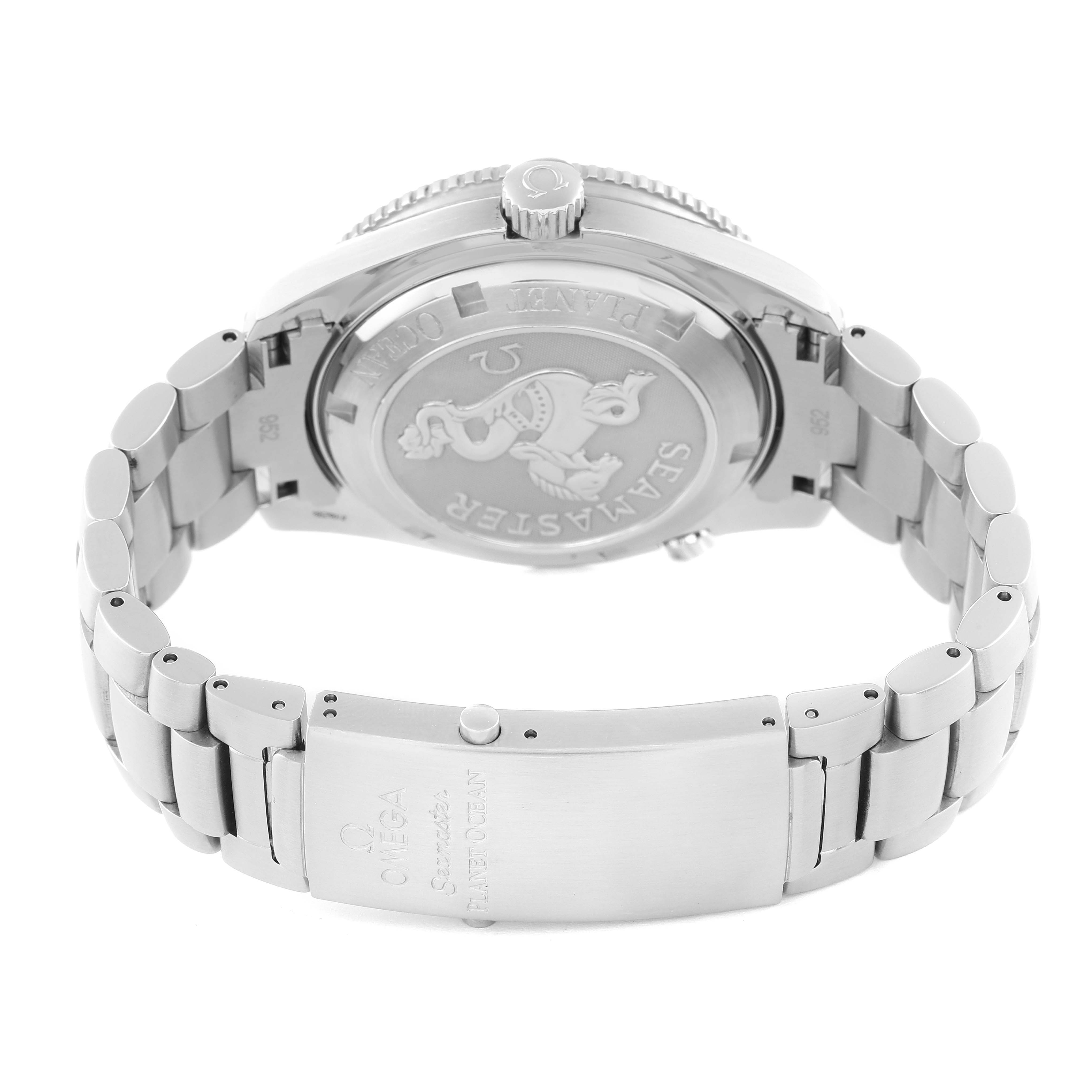This image shows the back and clasp of the Omega Planet Ocean 2209.50.00 Men's Stainless Steel Black Dial 2209.50.00 Men's Stainless Steel Black Dial watch, highlighting the engraved case back and bracelet.