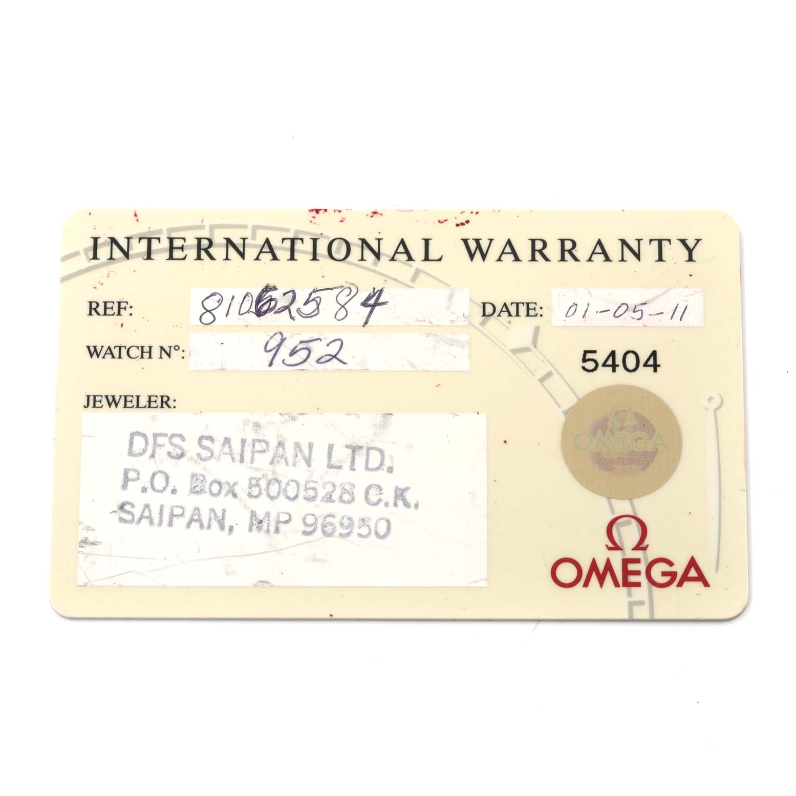 This image shows an International Warranty card for the Omega Planet Ocean 2209.50.00 Men's Stainless Steel Black Dial 2209.50.00 Men's Stainless Steel Black Dial watch model, featuring ref. number, date, and jeweler information.