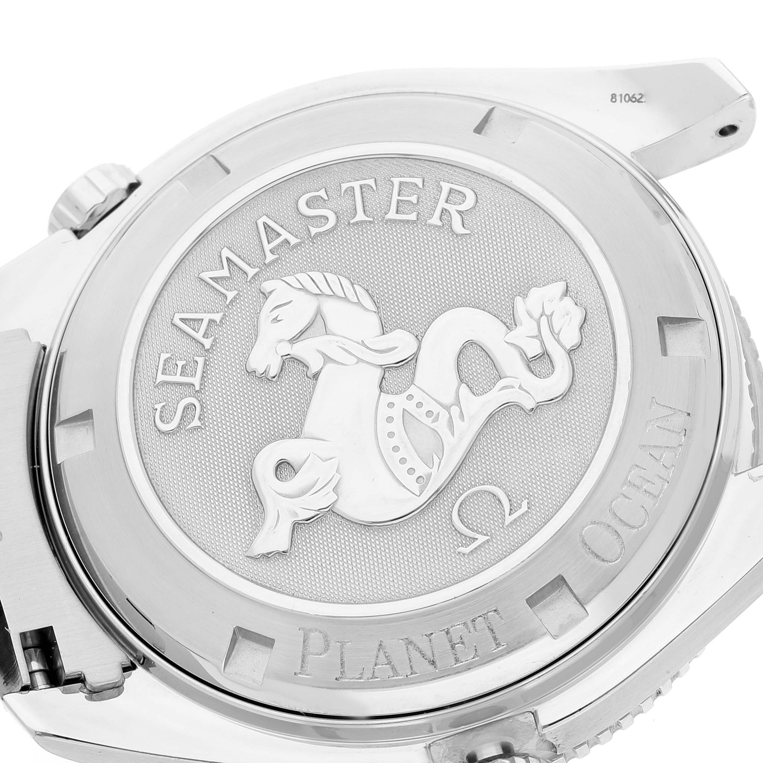 The image shows the case back of an Omega Seamaster Planet Ocean watch featuring the brand's seahorse emblem.